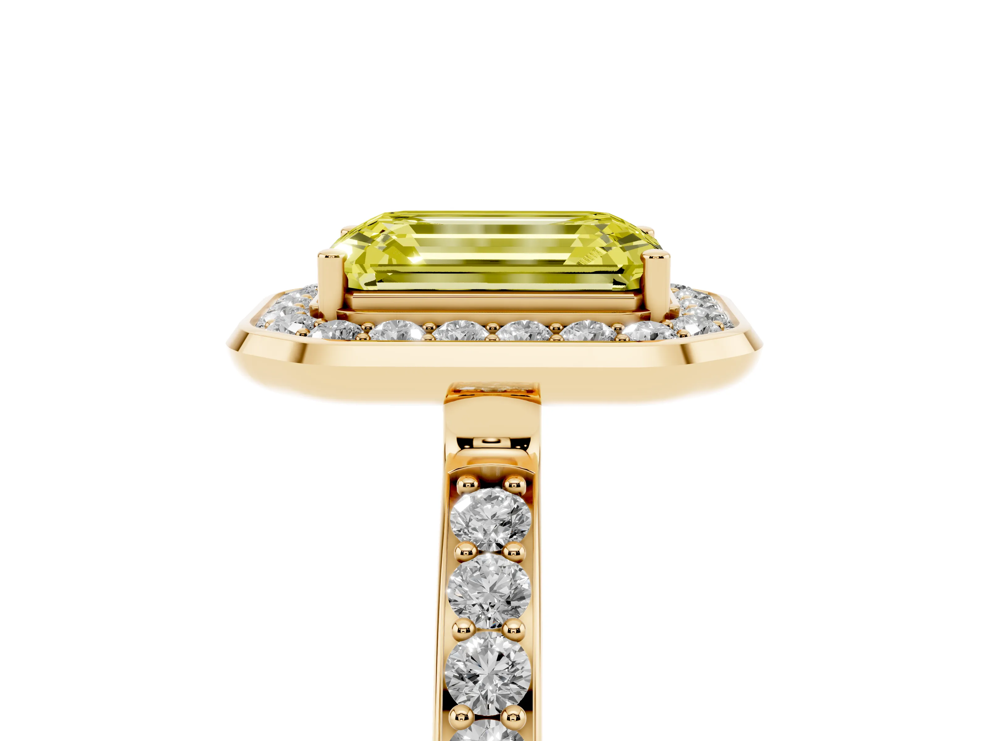 Fancy Yellow Emerald Cut Diamond Halo Ring Set in Yellow gold with Bezel Frame and Pavé Band