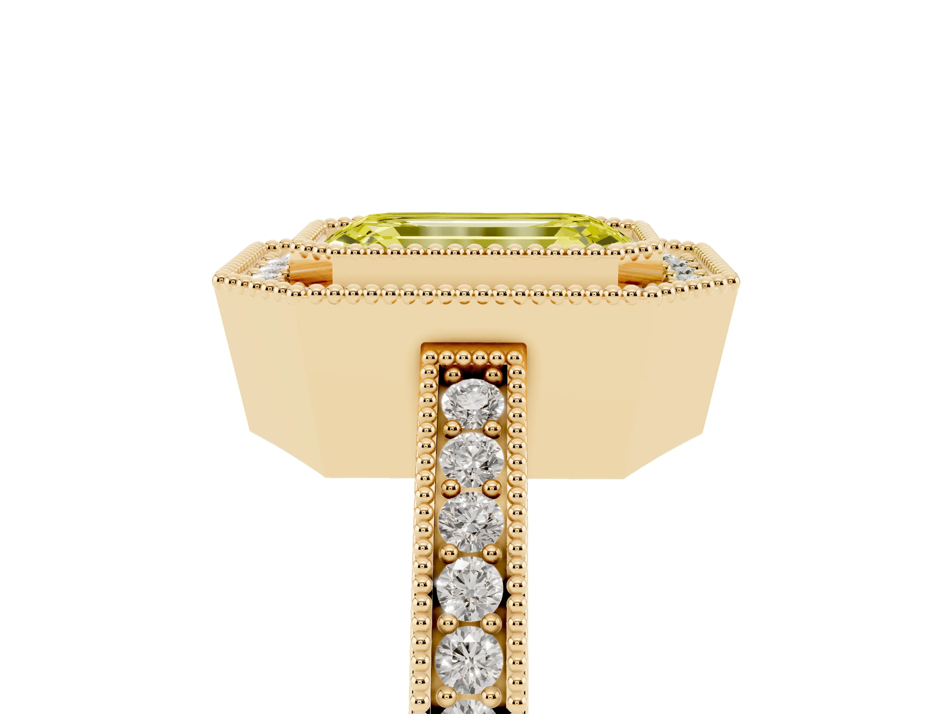Fancy Yellow Emerald Cut Diamond Round Halo Ring Set in Yellow gold with Pavé Band