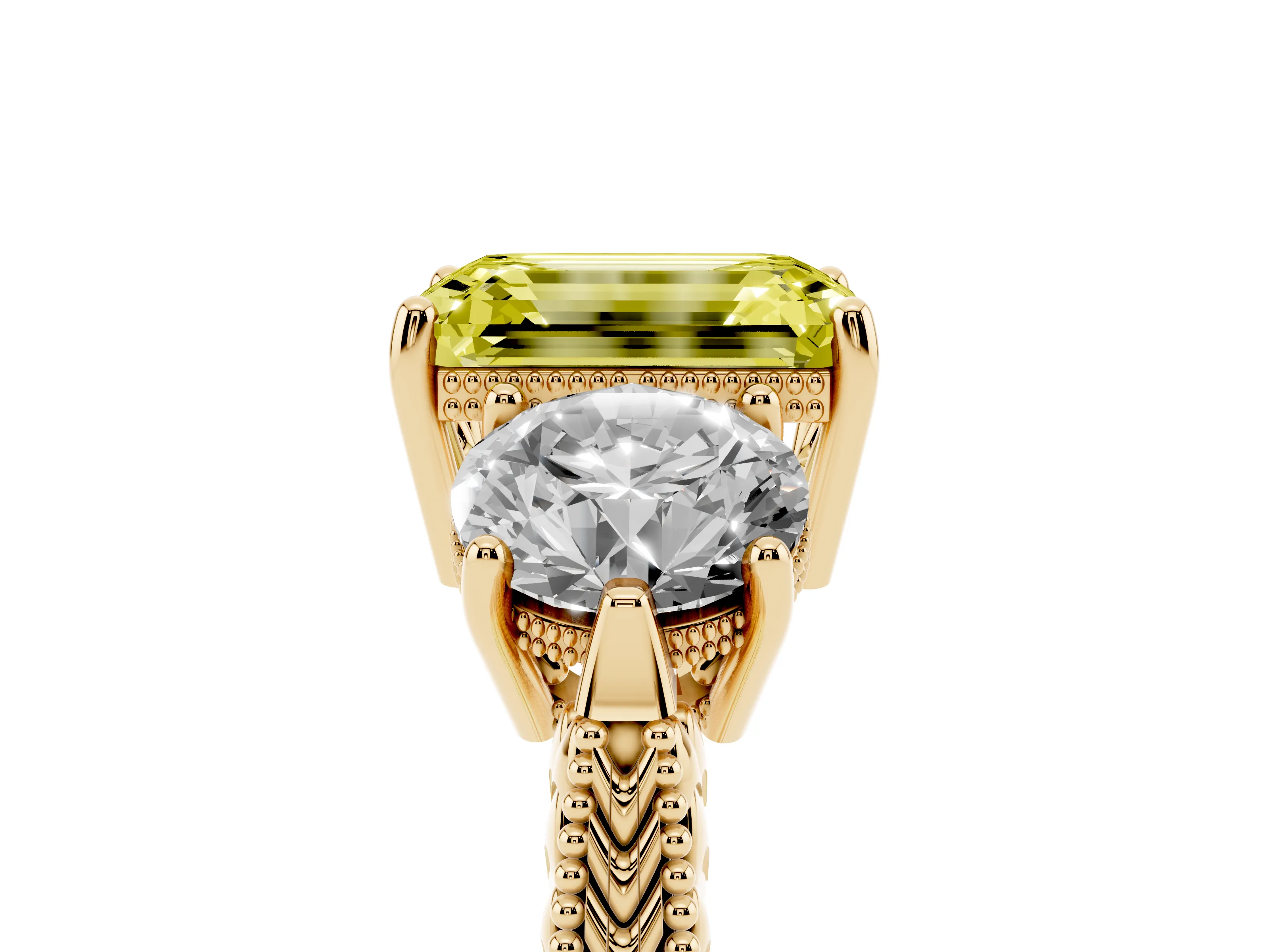 Fancy Yellow Emerald Cut Diamond Three-Stone Ring Set in Yellow gold with Milgrain Band