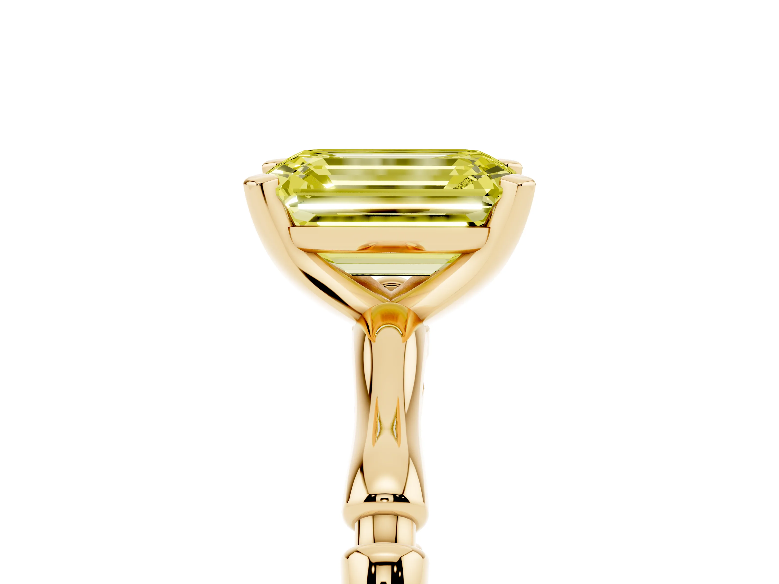 Fancy Yellow Emerald Cut Diamond Solitaire Ring Set in Yellow gold with Bamboo Band and Prong Setting