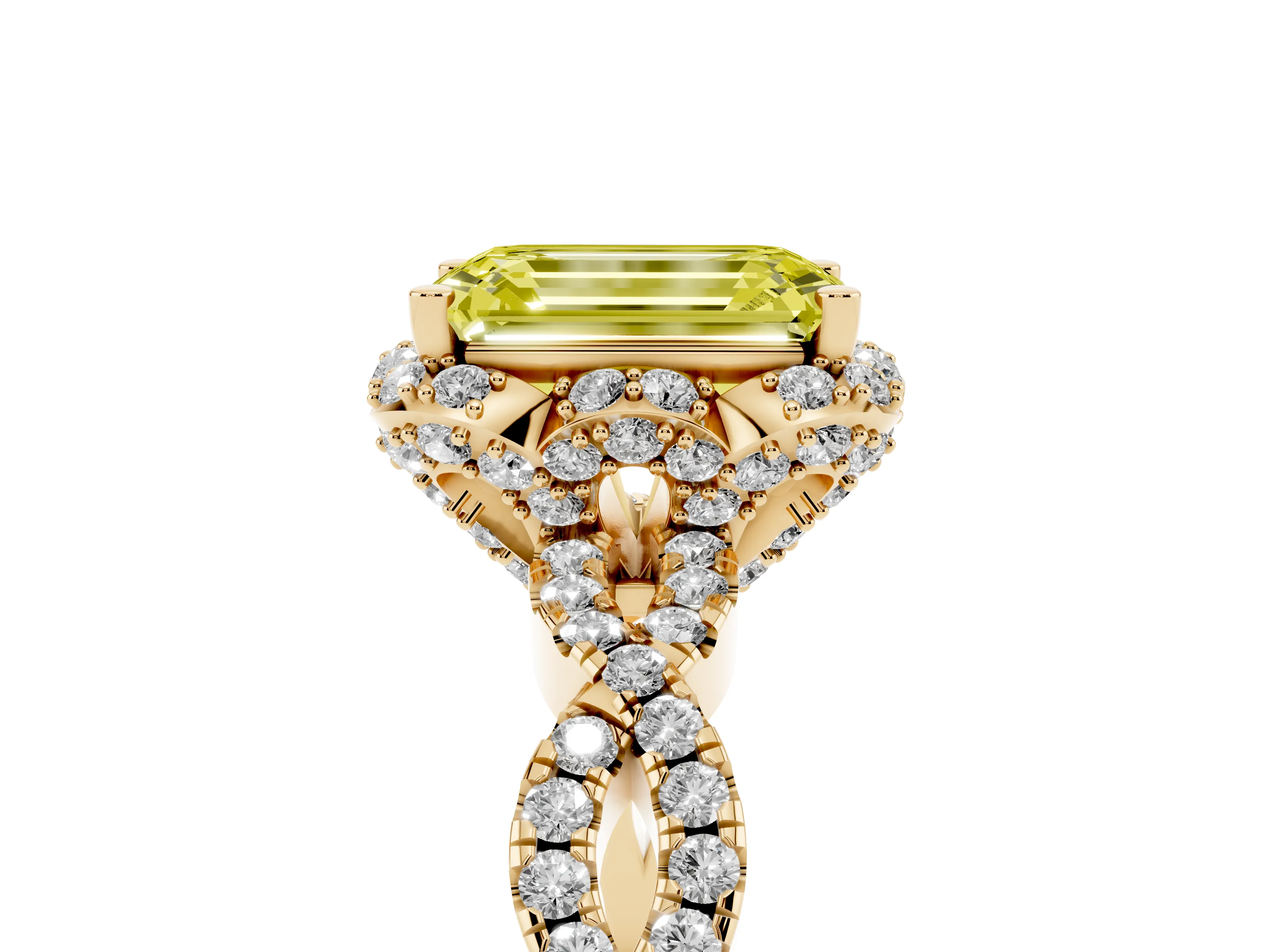 Fancy Yellow Emerald Cut Diamond Halo Twist Band Solitaire Ring Set in Yellow gold with Prong-Set Center Stone