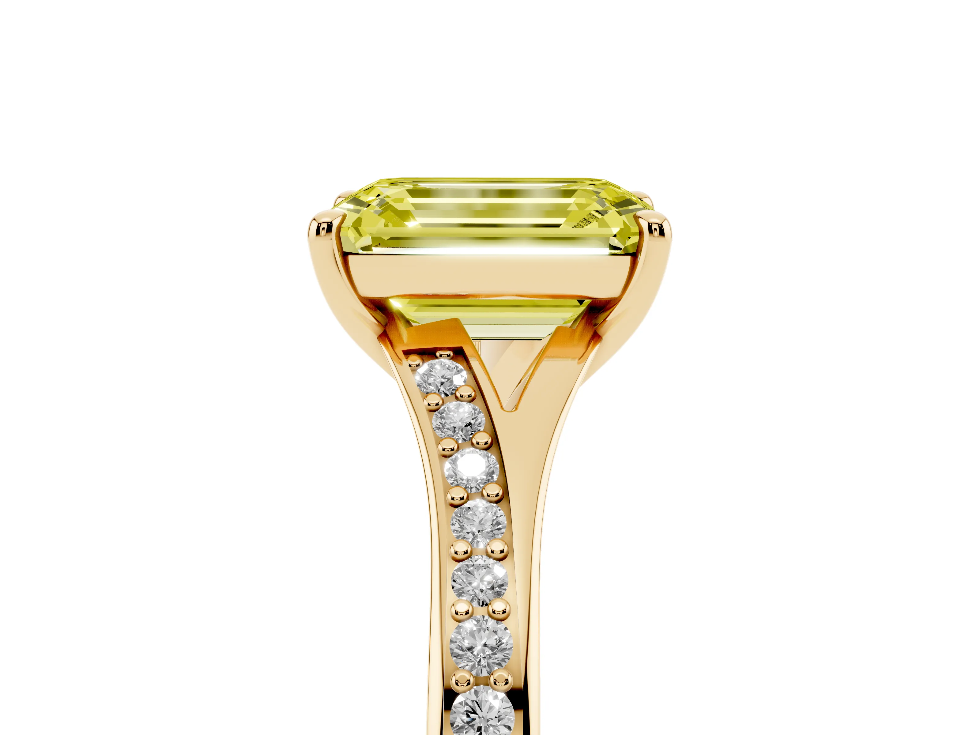 Fancy Yellow Emerald Cut Diamond Solitaire Ring Set in Yellow gold with Pavé Accent Band and Classic Prong Setting