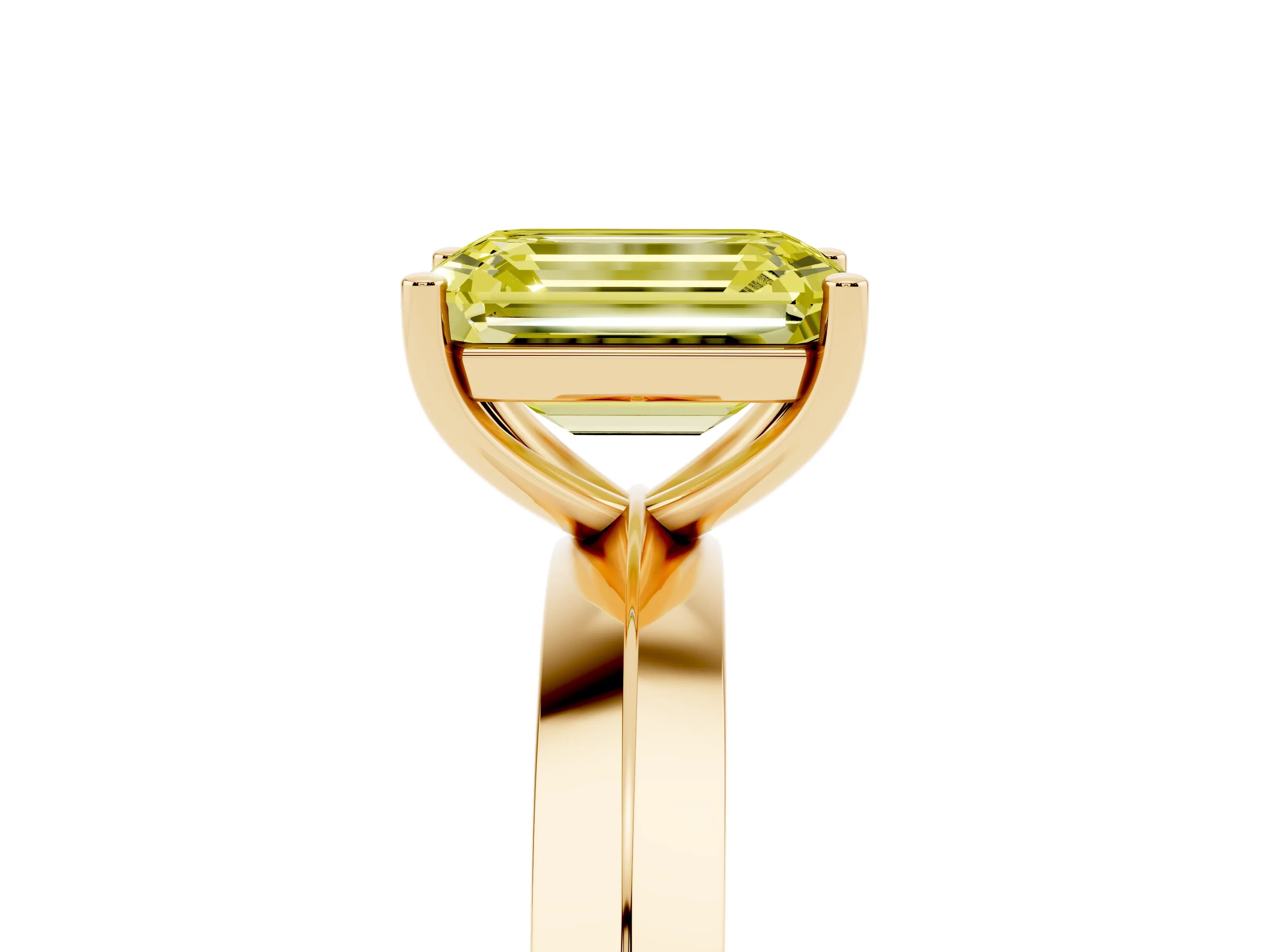Fancy Yellow Emerald Cut Diamond Solitaire Engagement Ring Set in Yellow gold with Flat Band and Prong Setting