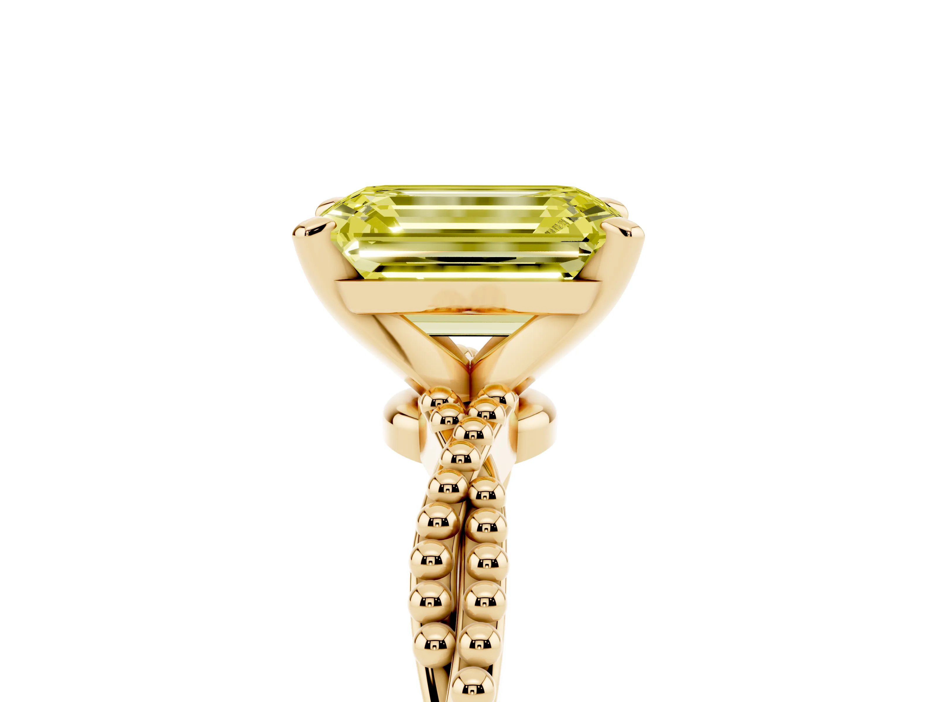 Fancy Yellow Emerald Cut Diamond Solitaire Ring Set in Yellow gold with Twisted Band and Bead Prong Setting