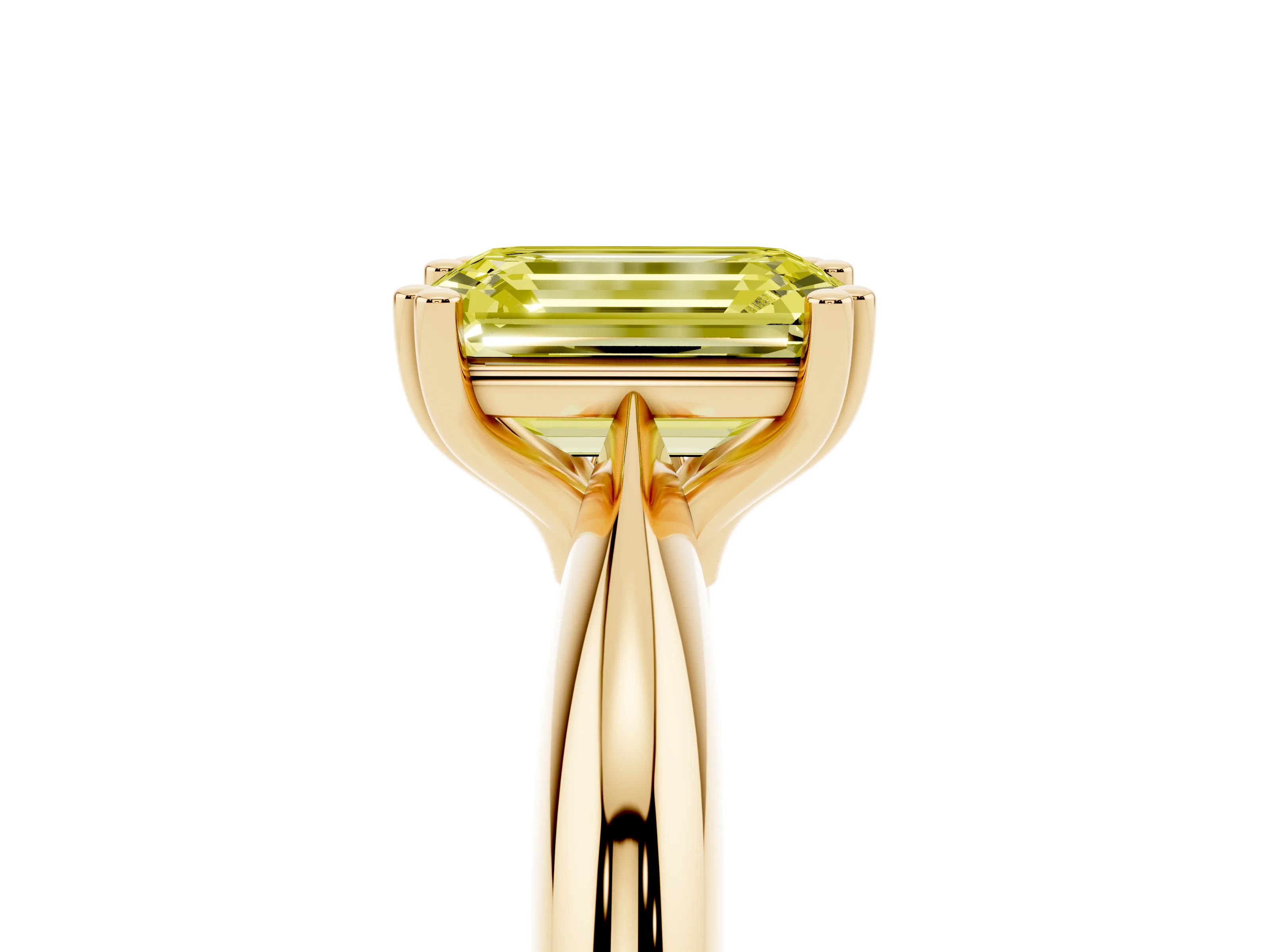 Fancy Yellow Emerald Cut Diamond Solitaire Engagement Ring Set in Yellow gold with Tapered Band and Prong Setting