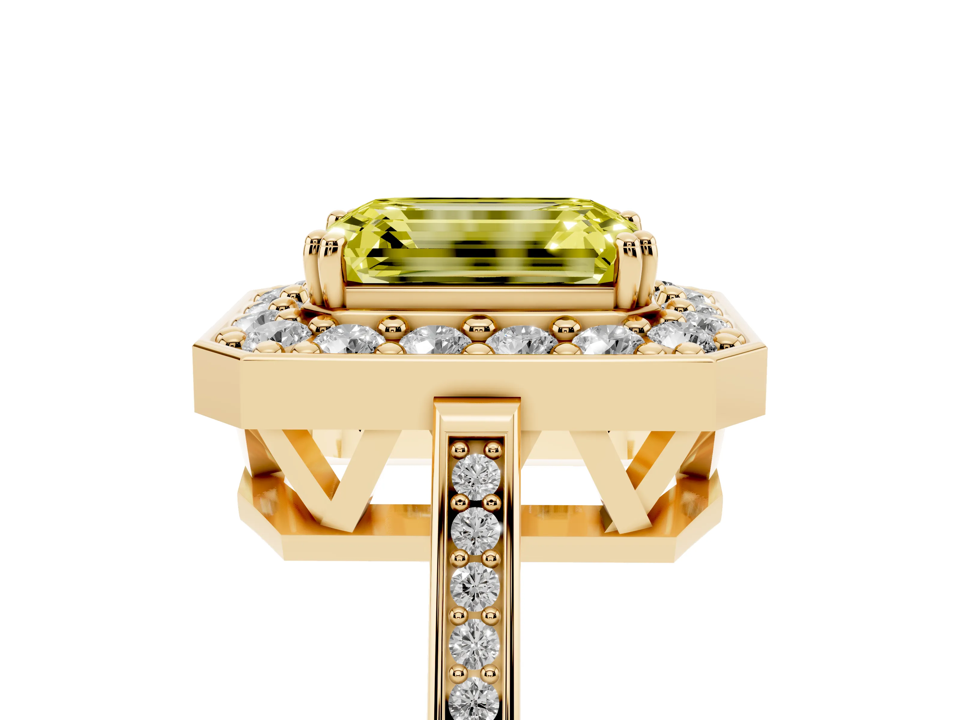 Fancy Yellow Emerald Cut Diamond Halo Ring Set in Yellow gold with Accent-Lined Split Shank and Prong Setting