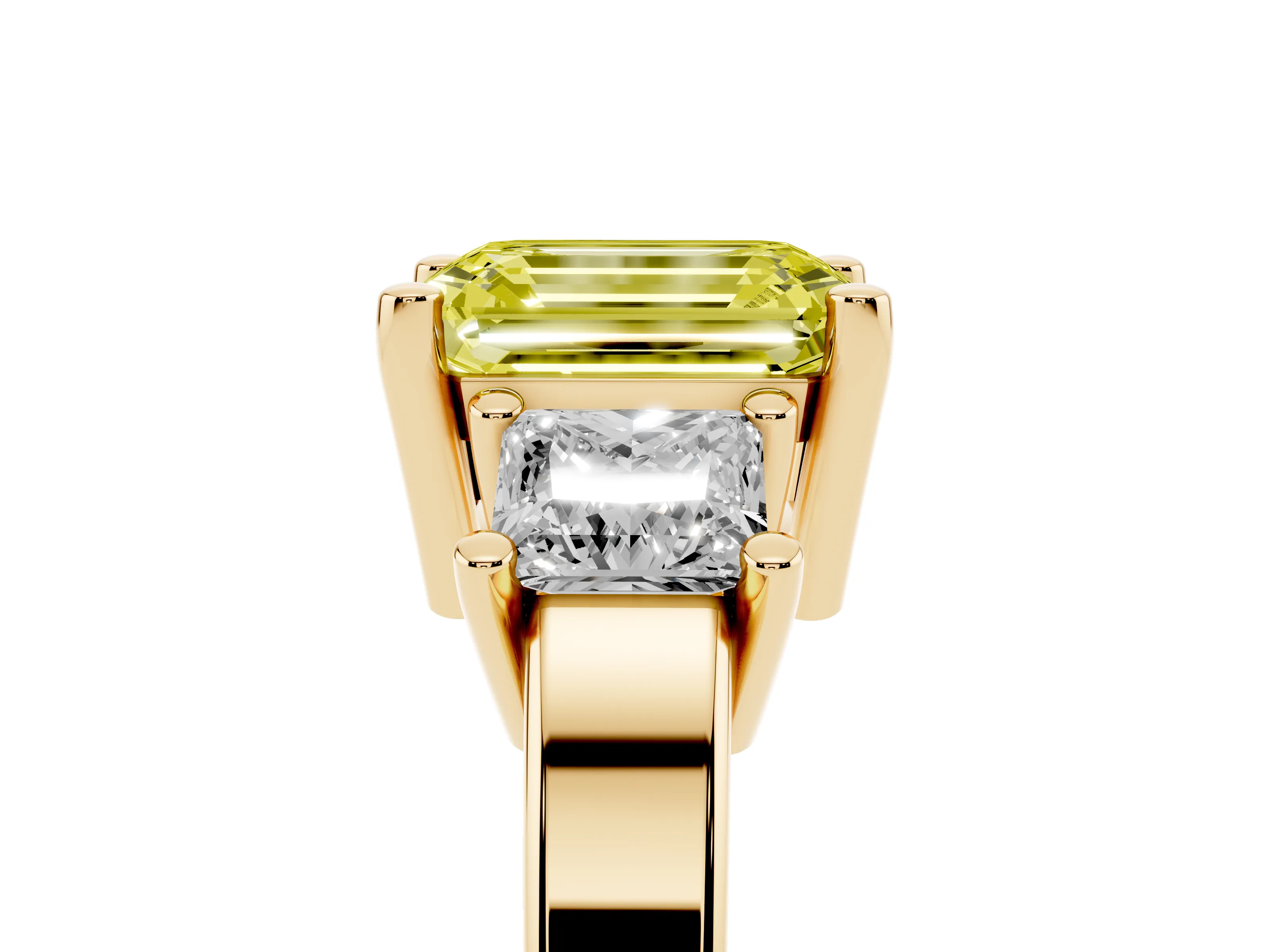 Fancy Yellow Three-Stone Emerald Cut Diamond Solitaire Ring Set in Yellow gold with Prong Setting