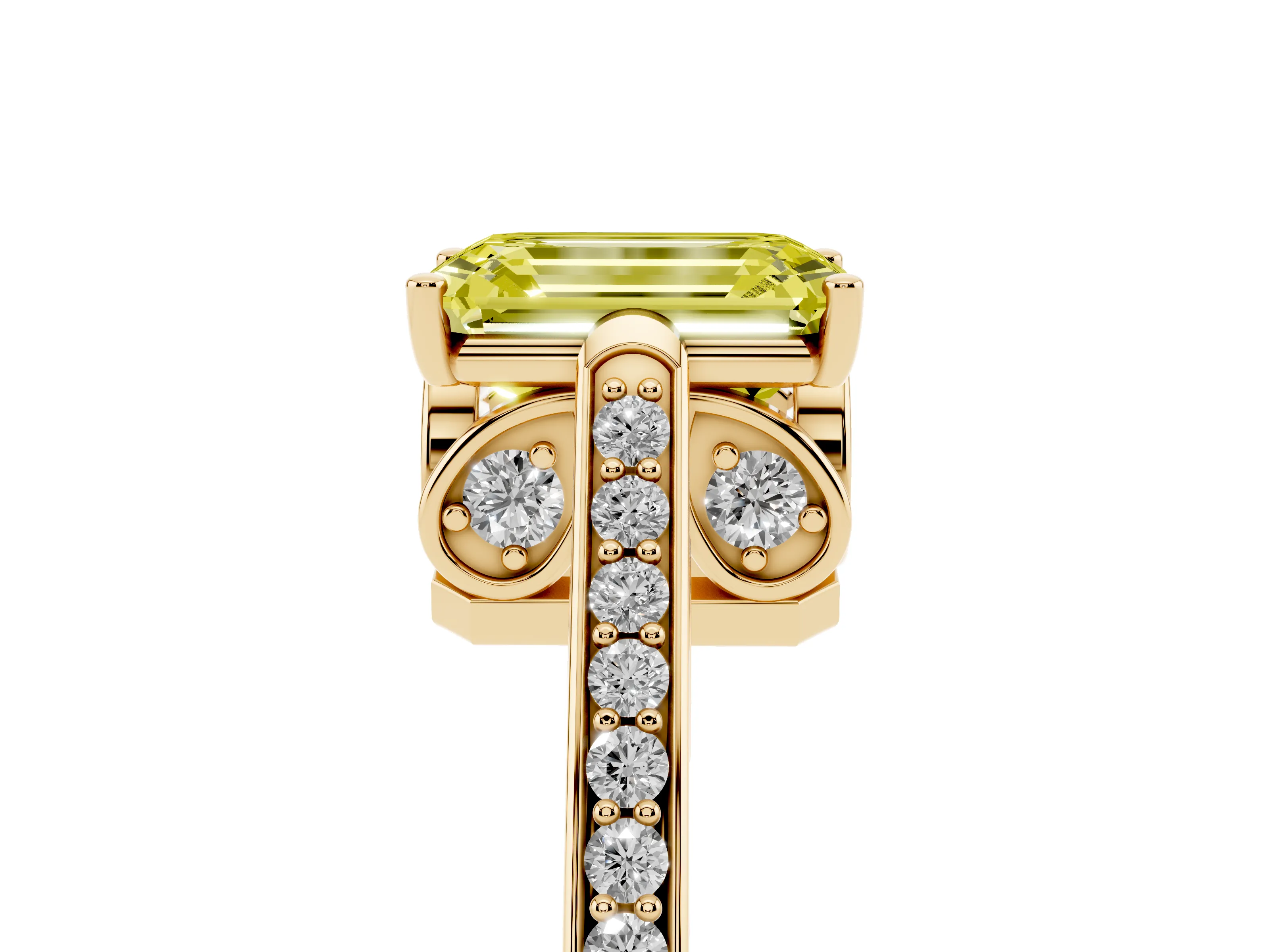 Fancy Yellow Emerald Cut Diamond Cathedral Pavé Engagement Ring Set in Yellow gold with Prong Setting