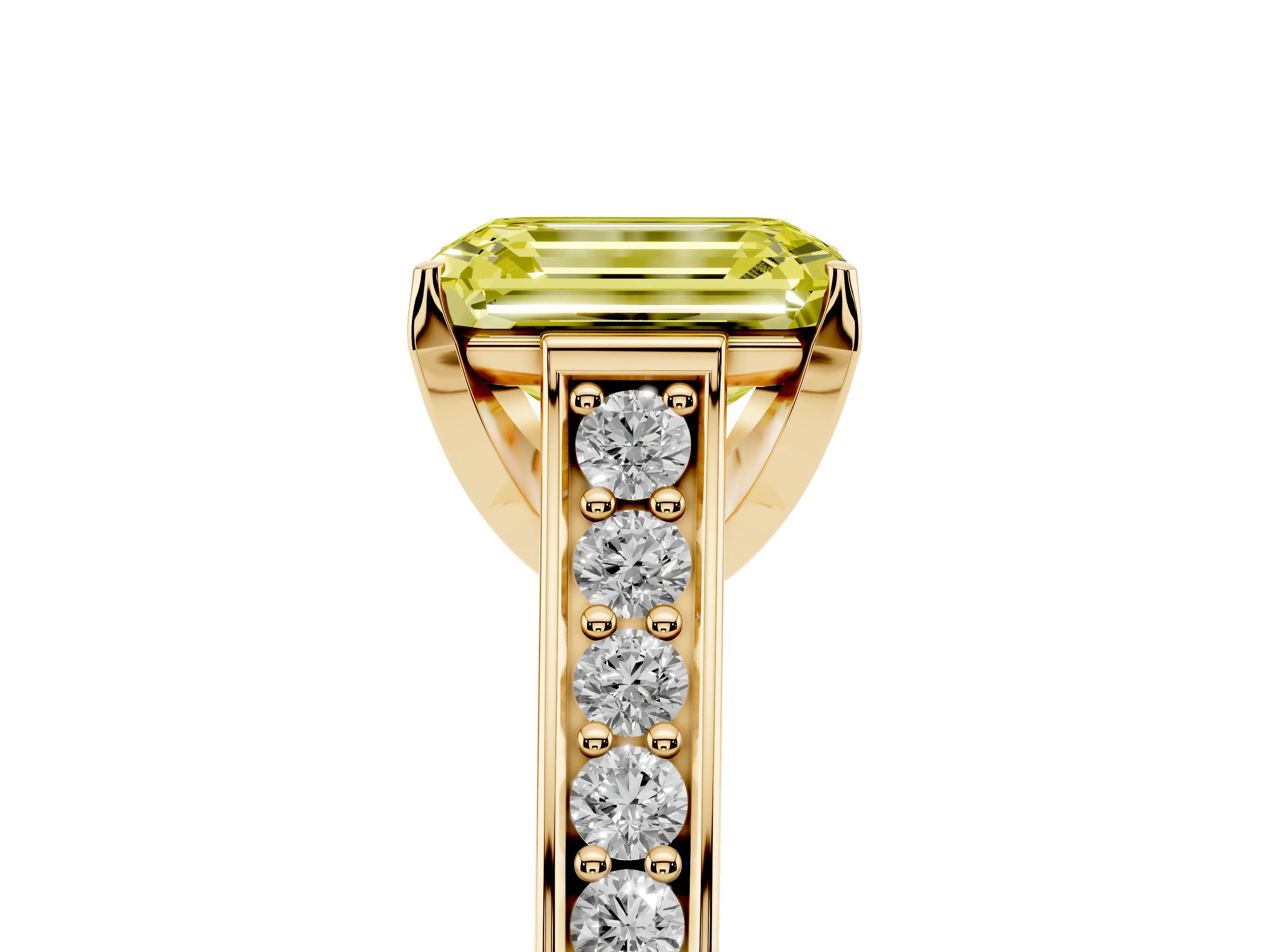 Fancy Yellow Emerald Cut Diamond Solitaire Pavé Engagement Ring Set in Yellow gold with Prong Setting
