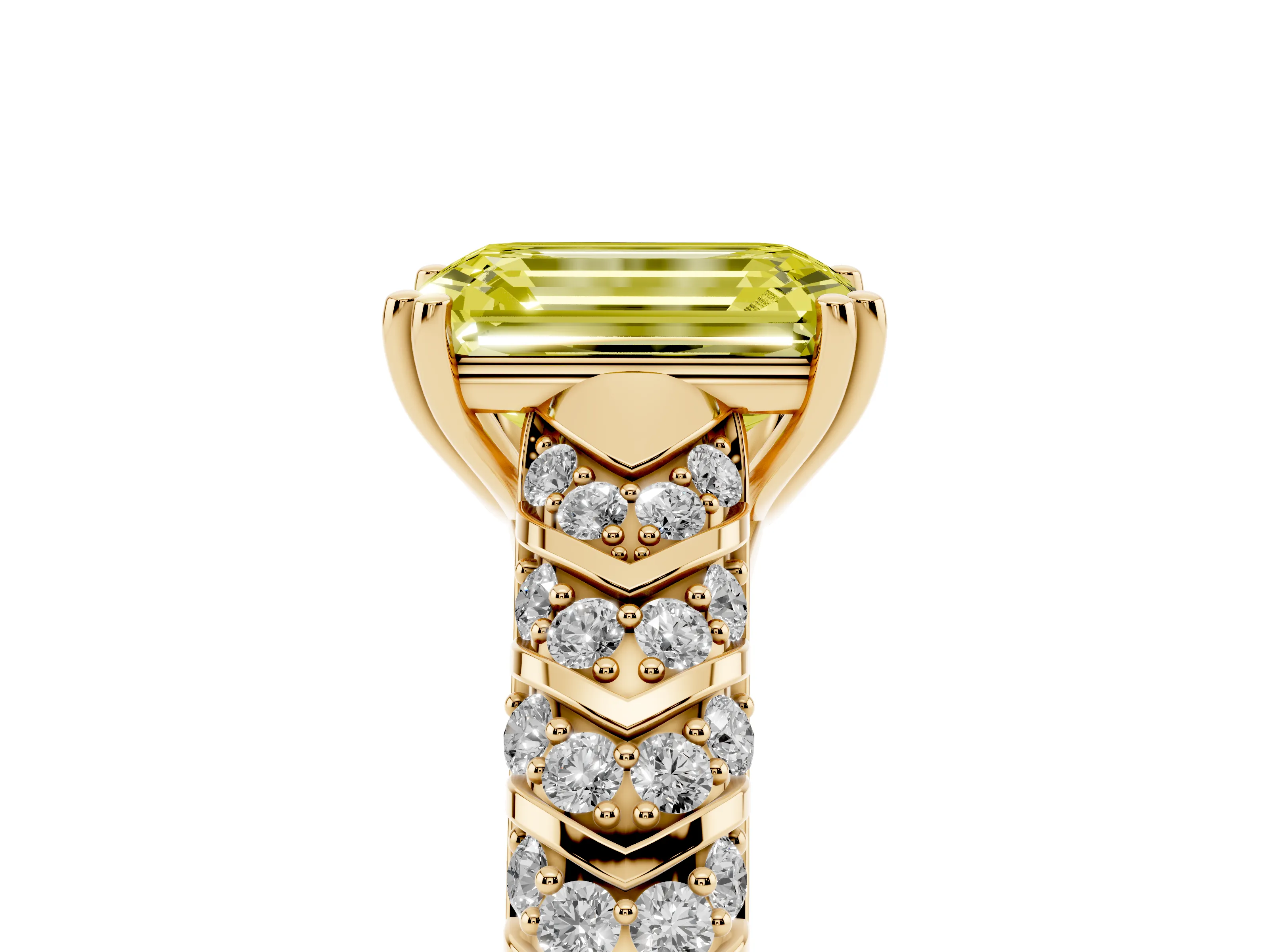 Fancy Yellow Emerald Cut Diamond Solitaire Chevron Pavé Engagement Ring Set in Yellow gold with Prong Setting