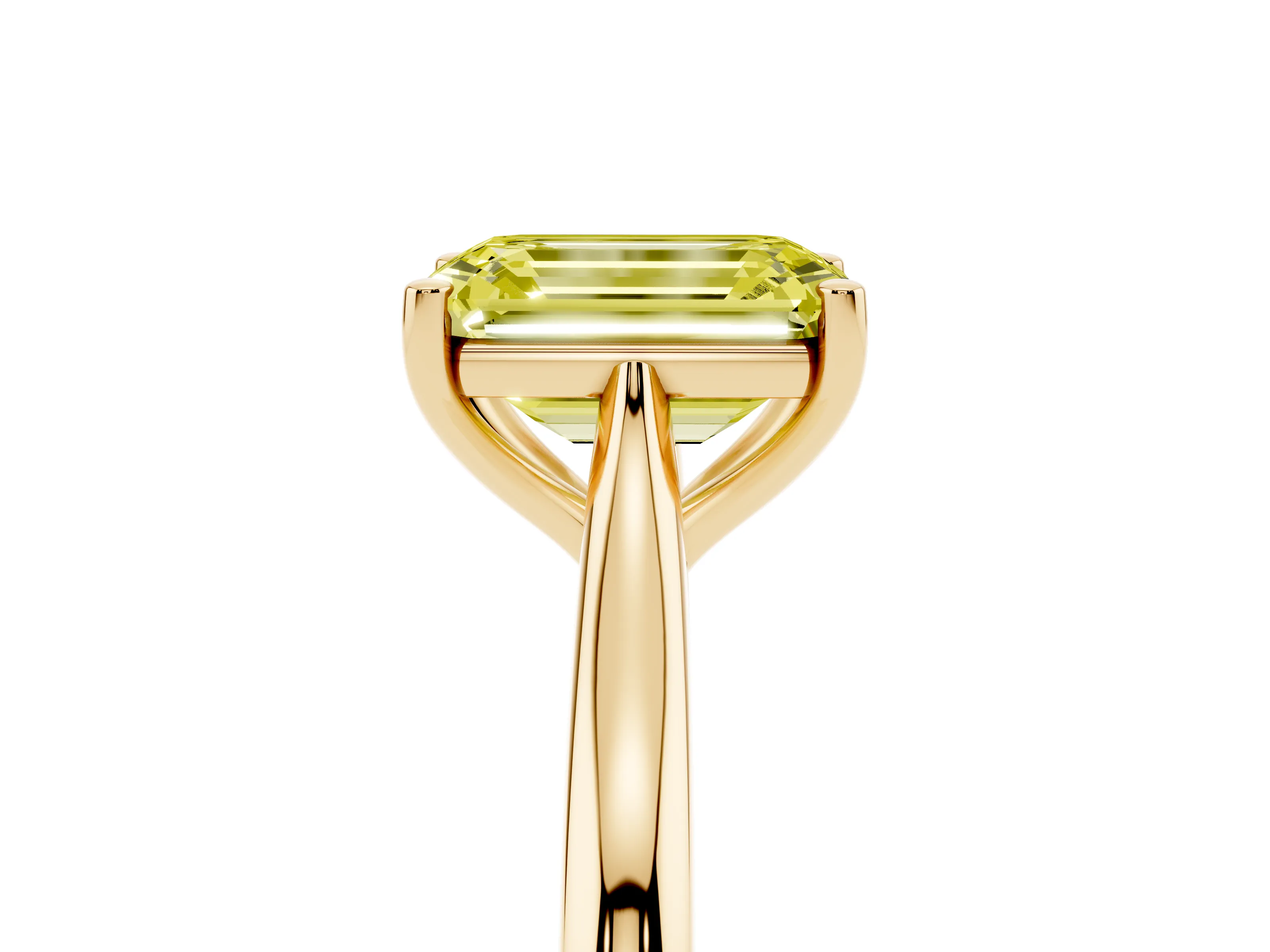 Fancy Yellow Emerald Cut Diamond Solitaire Ring Set in Yellow gold with Cathedral Band and Prong Setting