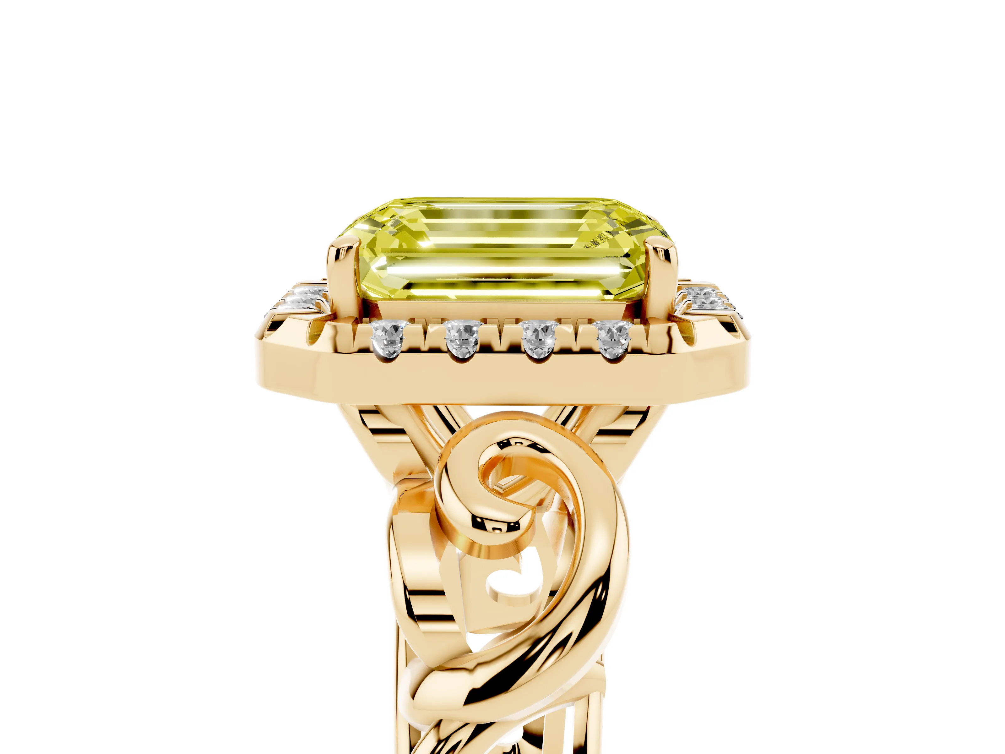 Fancy Yellow Emerald Cut Diamond Halo Ring Set in Yellow gold with Scrollwork Band and Prong Setting