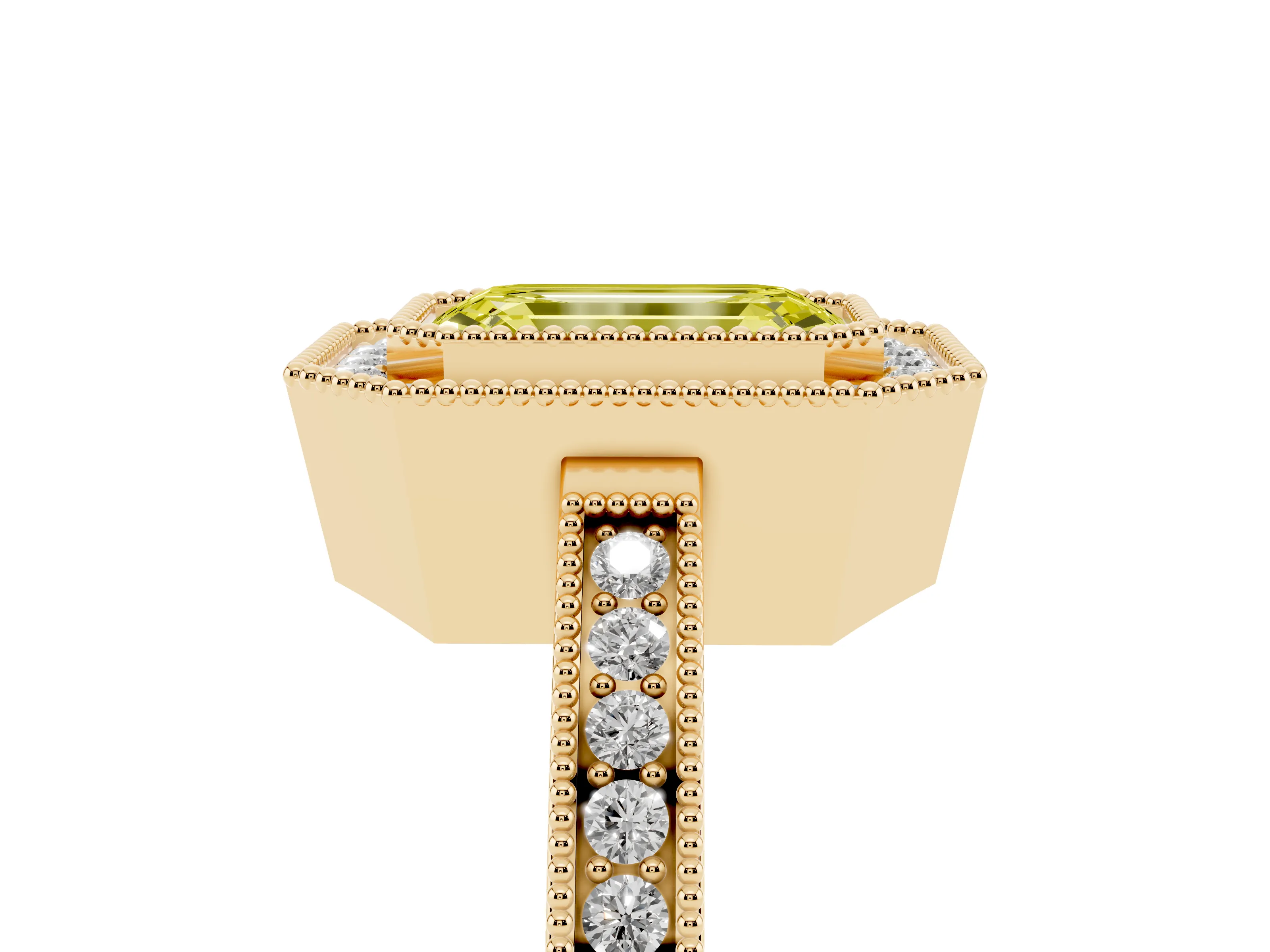 Fancy Yellow Emerald Cut Diamond Halo Ring Set in Yellow gold with Pavé Band and Milgrain-Edged Prongs