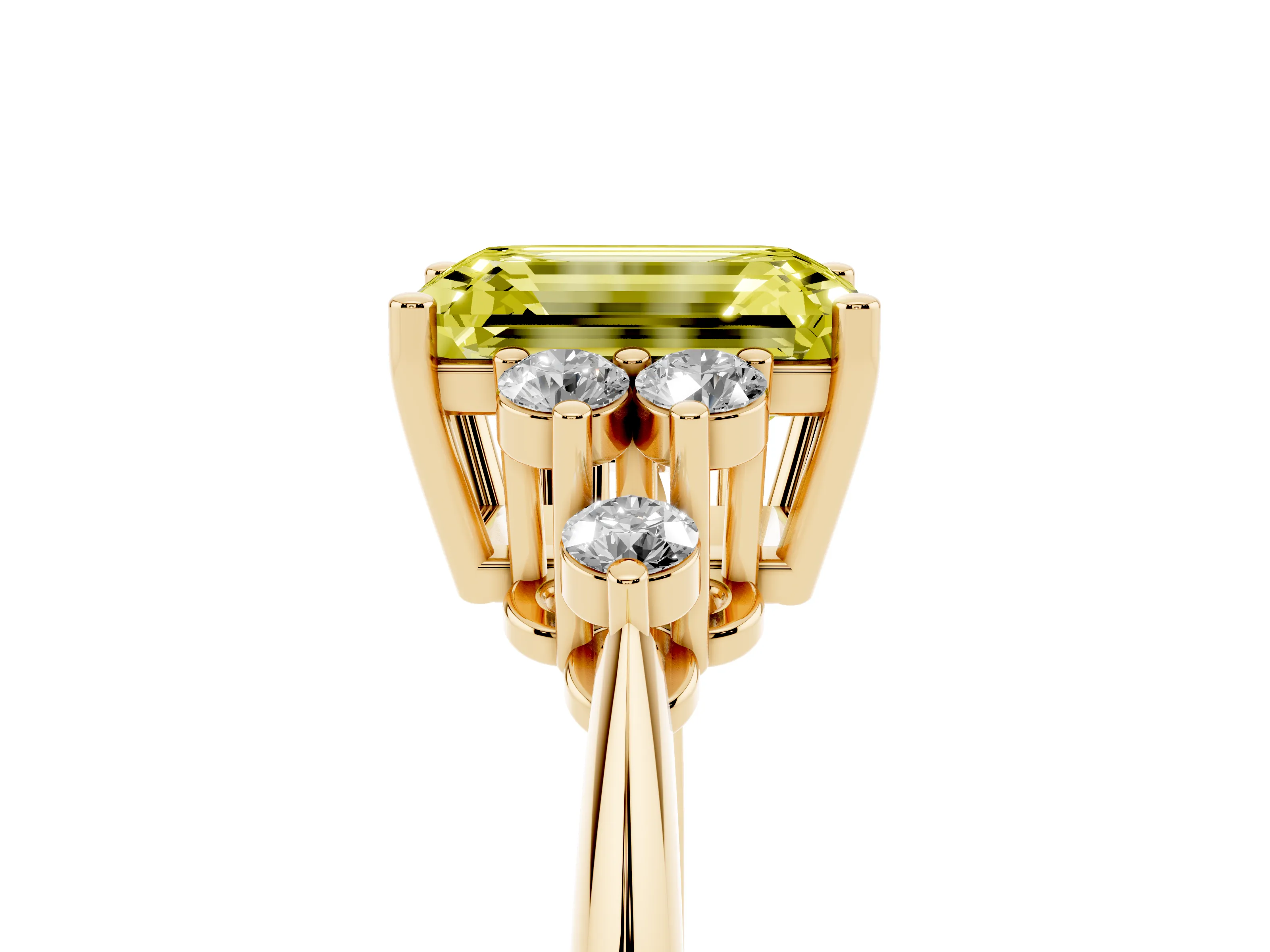 Fancy Yellow Emerald Cut Diamond Cluster Ring Set in Yellow gold with Plain Band and Prong Setting