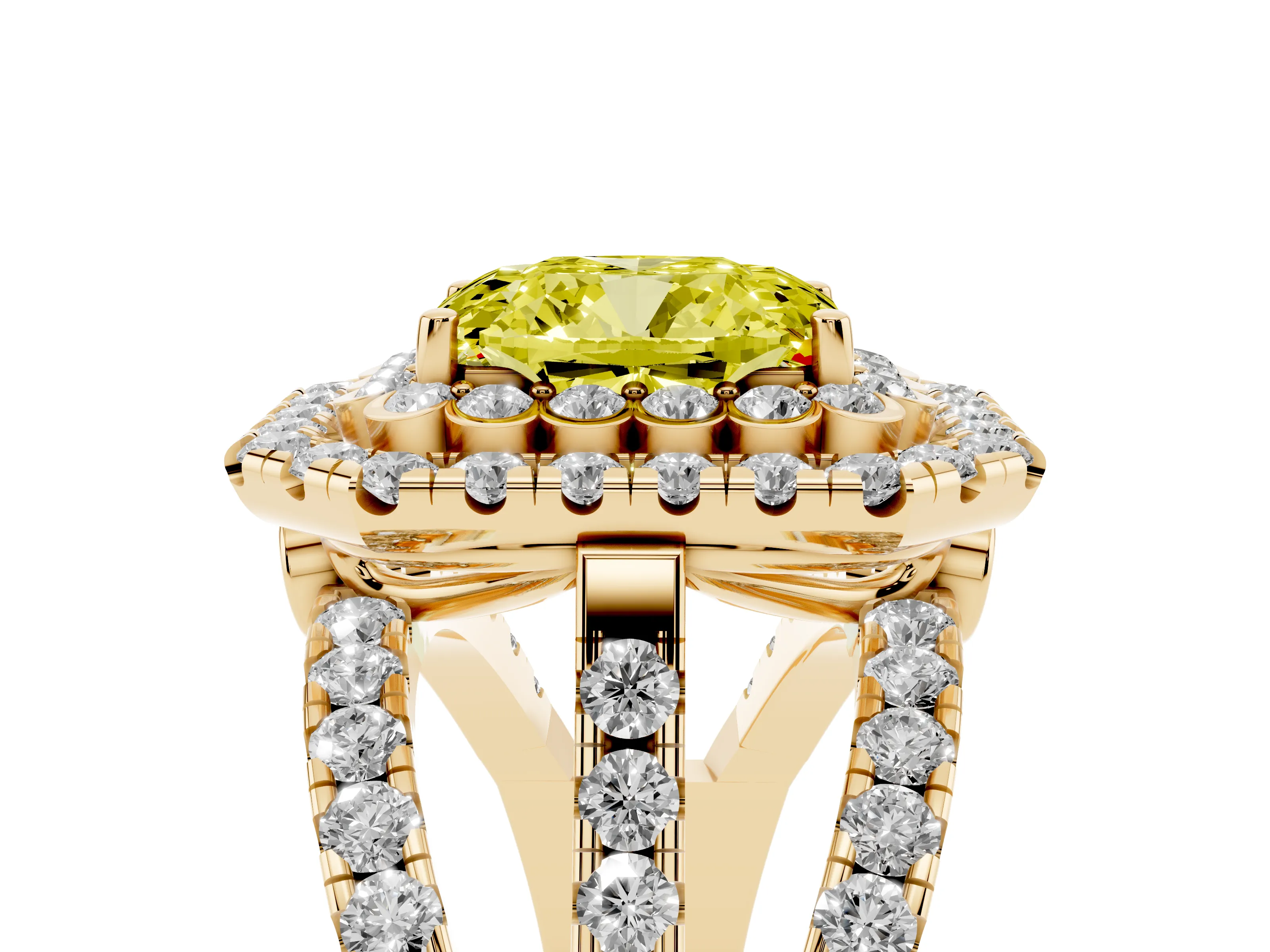 Fancy Yellow Emerald Cut Diamond Double Halo Ring Set in Yellow gold with Round Pavé Split Shank