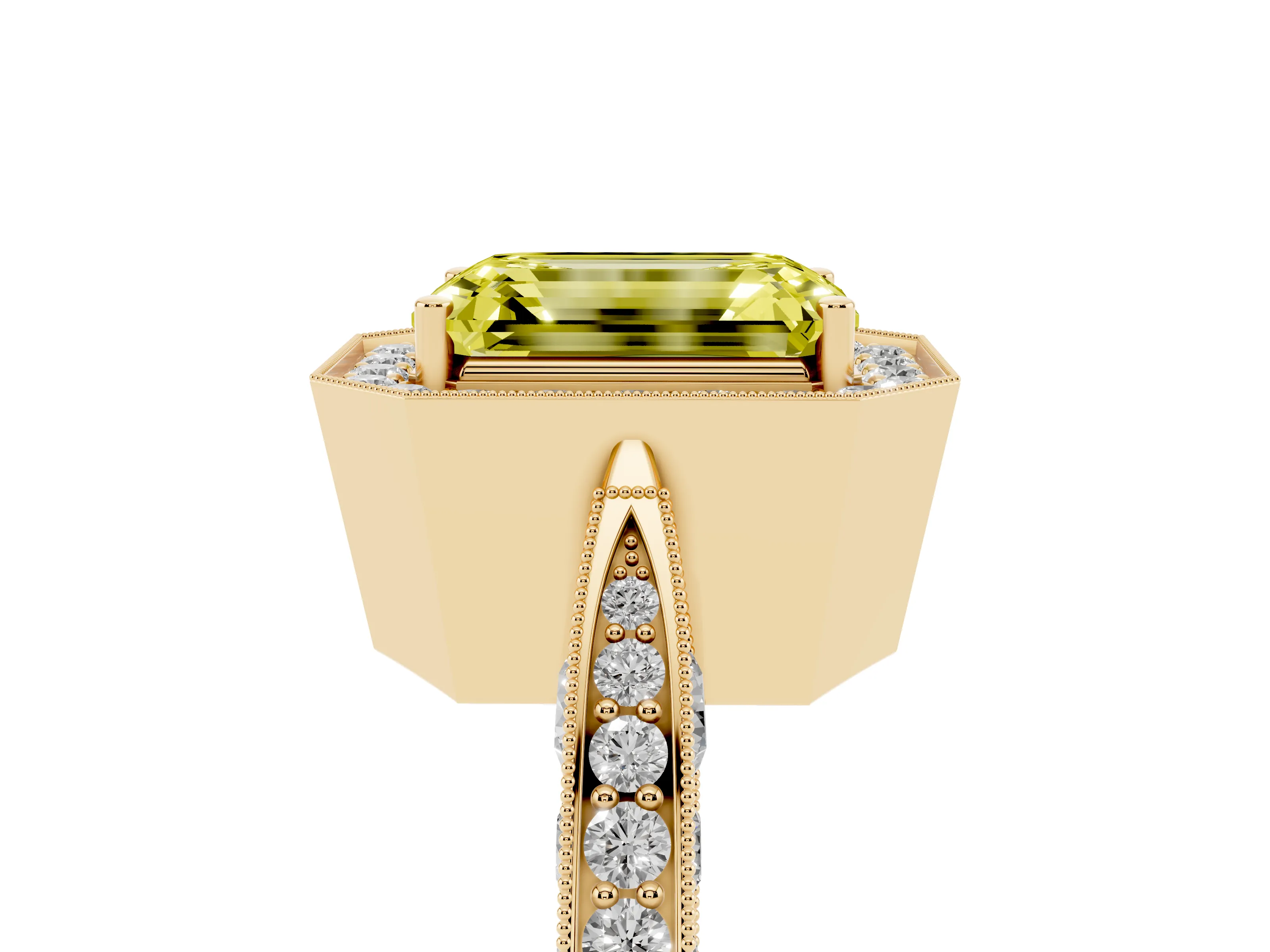 Fancy Yellow Emerald Cut Diamond Halo Engagement Ring Set in Yellow gold with Accent Split Shank Band