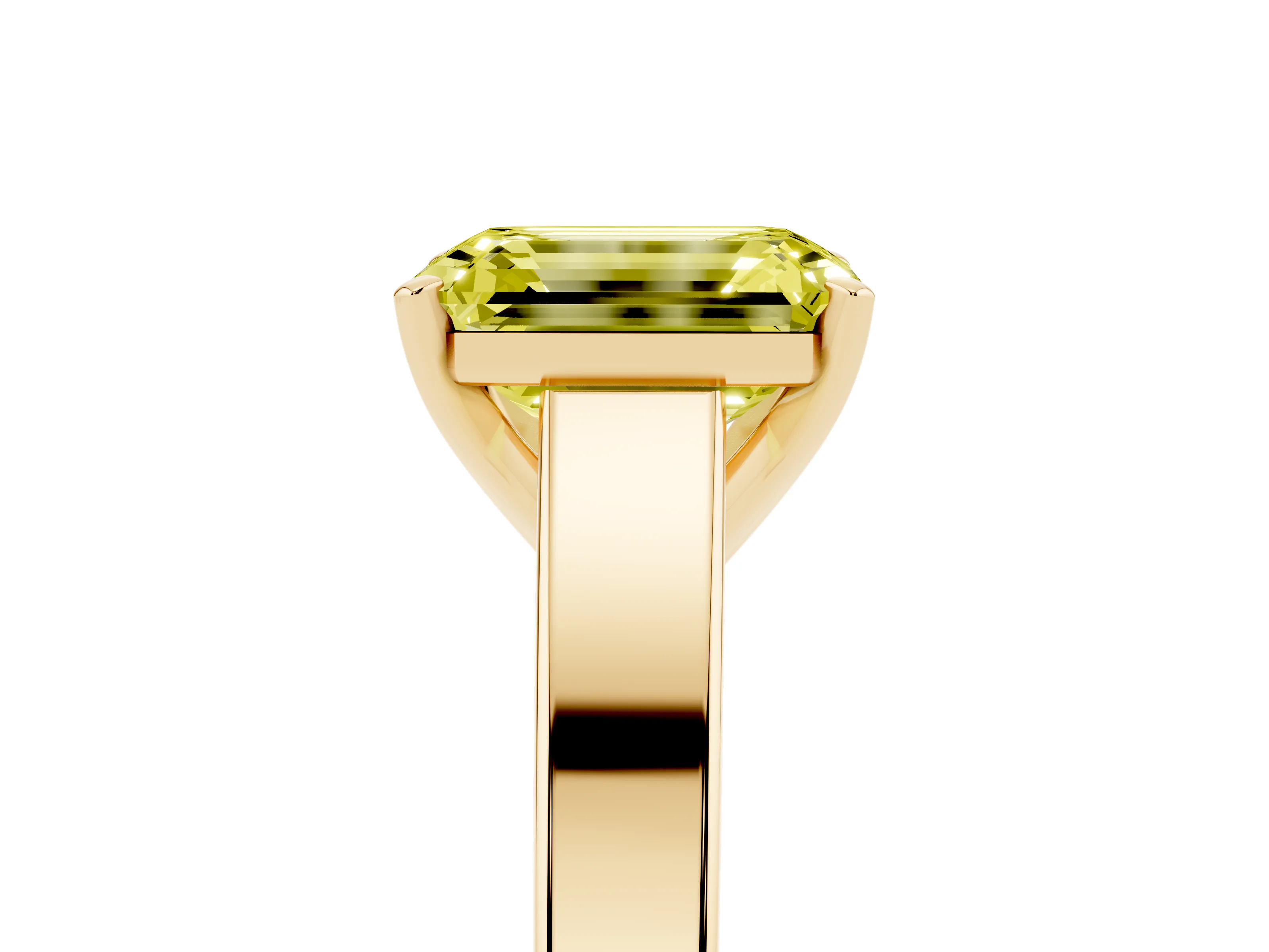 Fancy Yellow Emerald Cut Diamond Solitaire Engagement Ring Set in Yellow gold with Prong Setting and Tapered Band