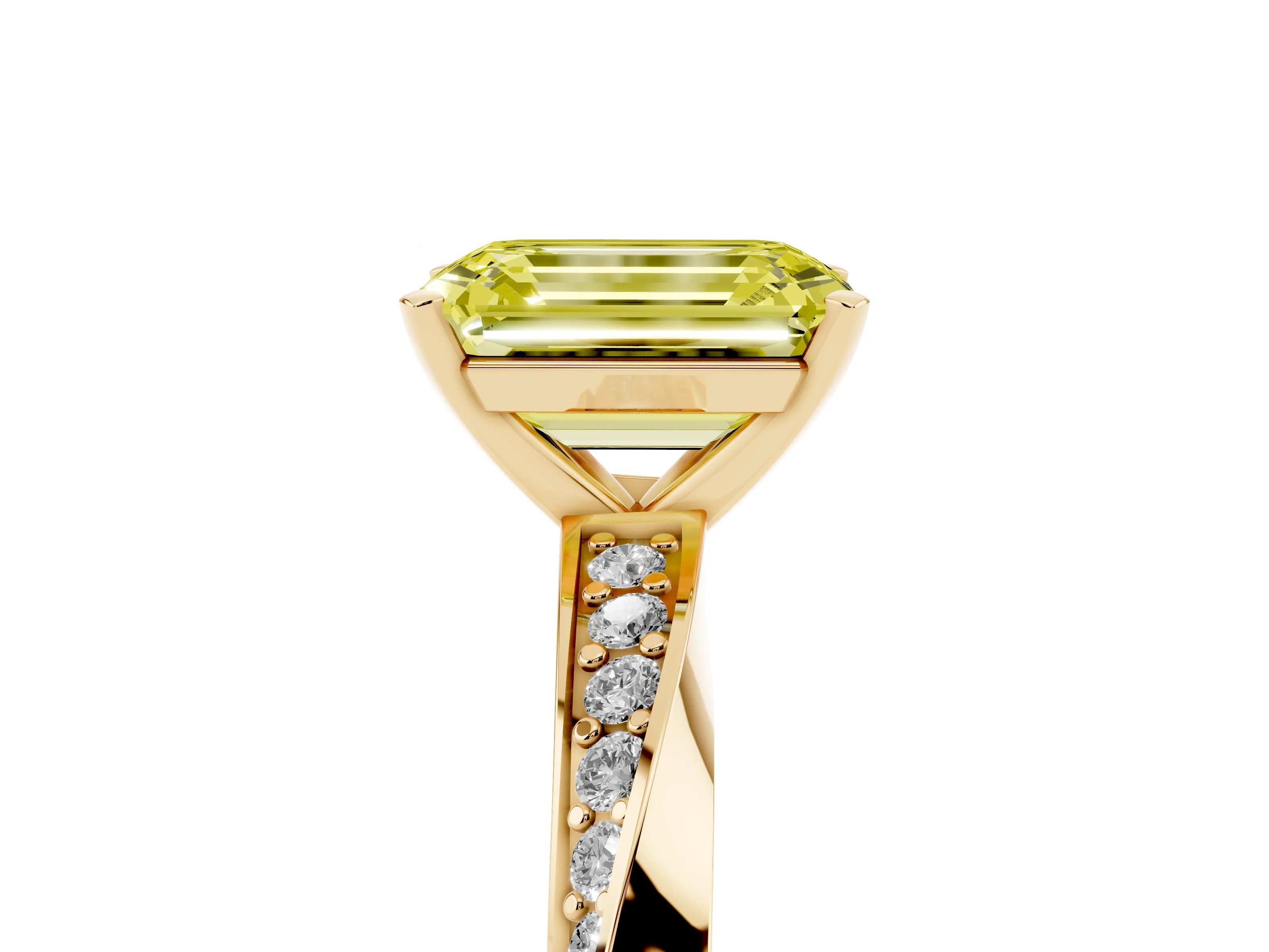 Fancy Yellow Emerald Cut Diamond Engagement Ring Set in Yellow gold with Side Stone Accents and Prong Setting