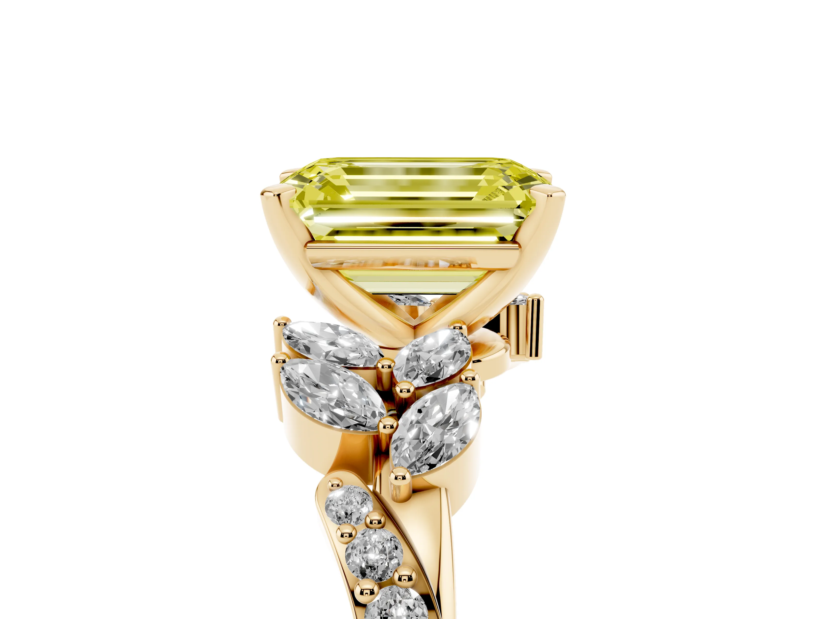 Fancy Yellow Emerald Cut Diamond Solitaire Ring Set in Yellow gold with Marquise Twist Band and Prong Setting