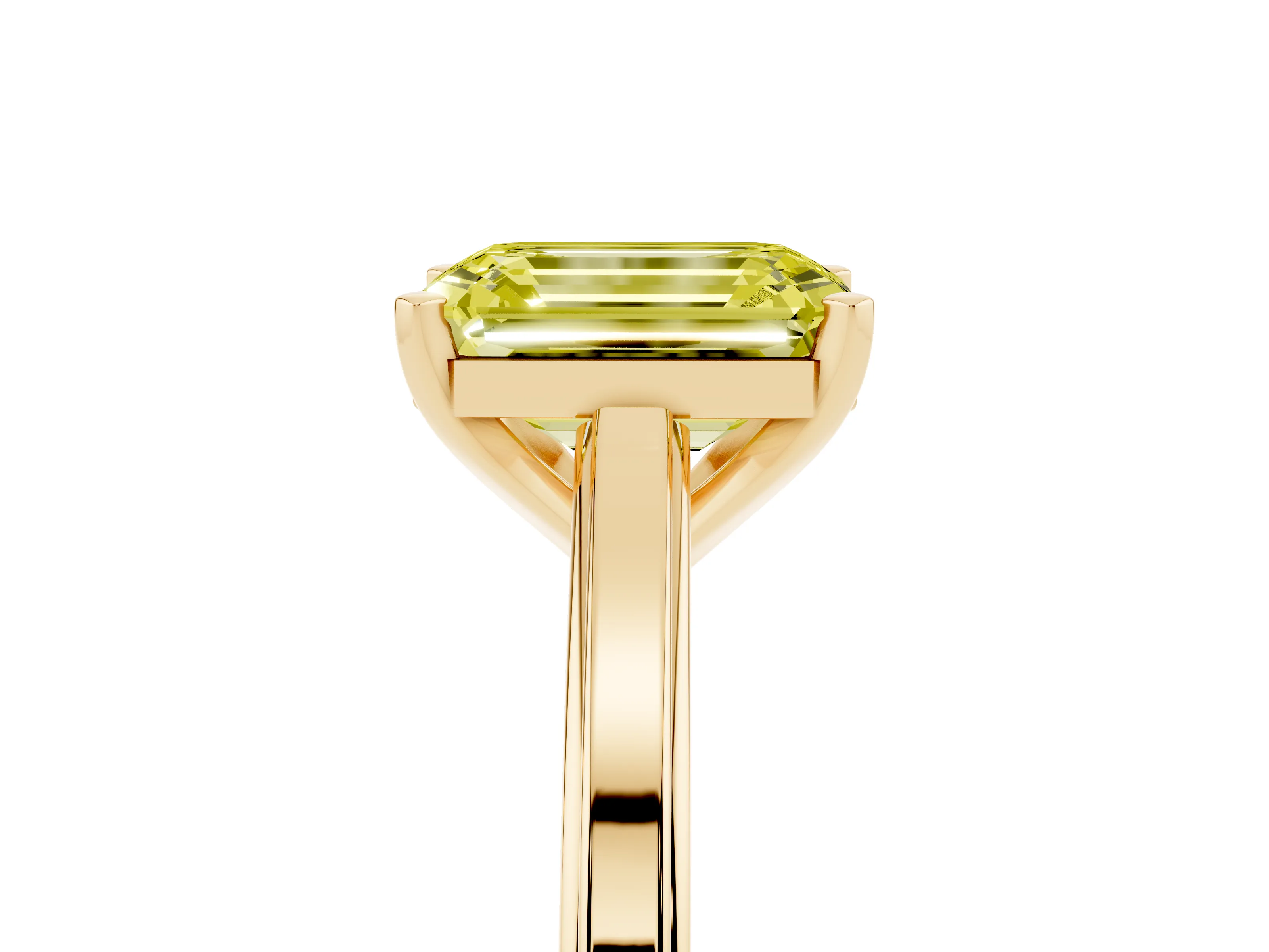 Fancy Yellow Emerald Cut Diamond Solitaire Ring Set in Yellow gold with Prong Setting and Classic Band