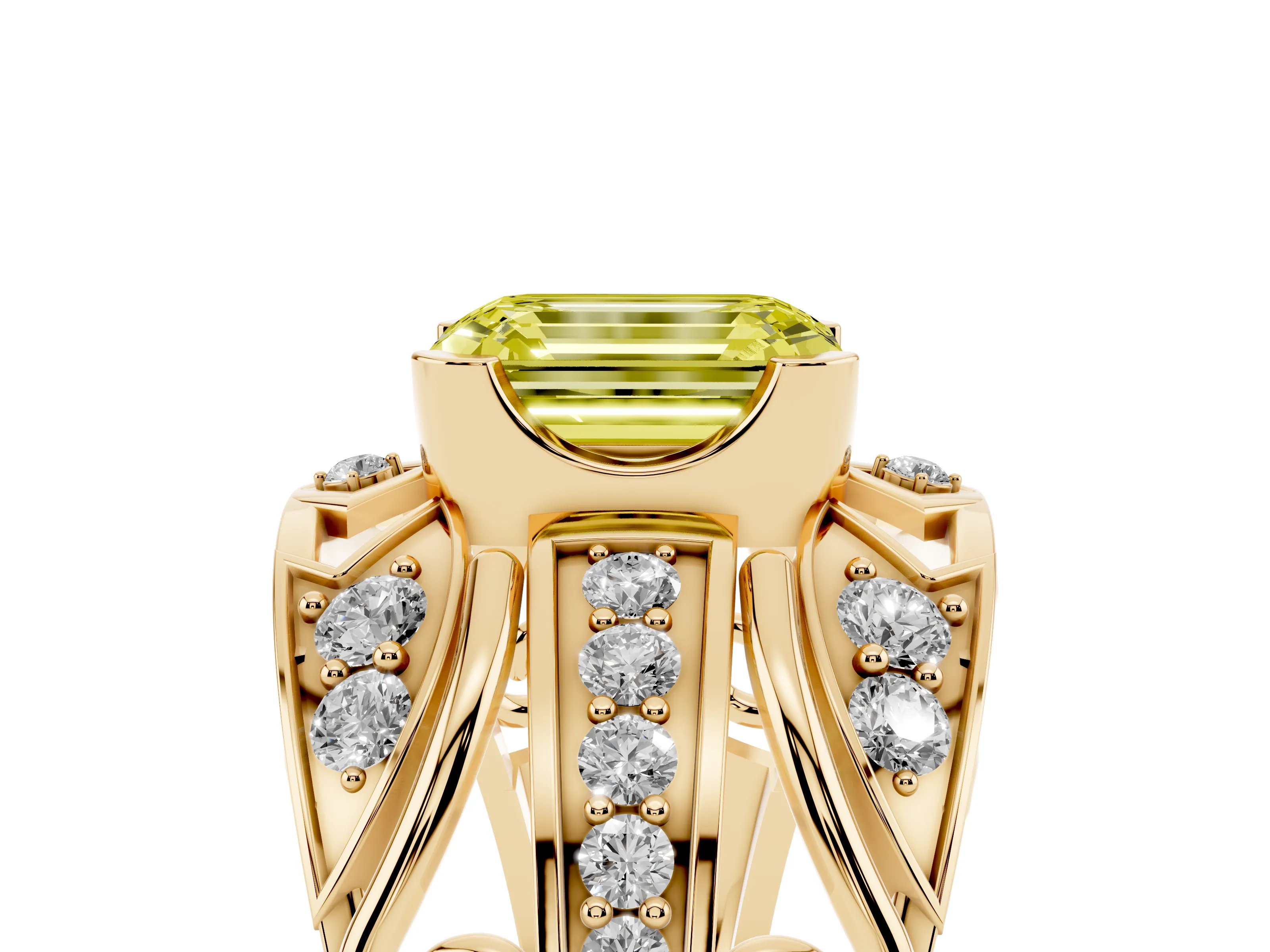 Fancy Yellow Emerald Cut Diamond Art Deco Ring Set in Yellow gold with Pavé Split Shank
