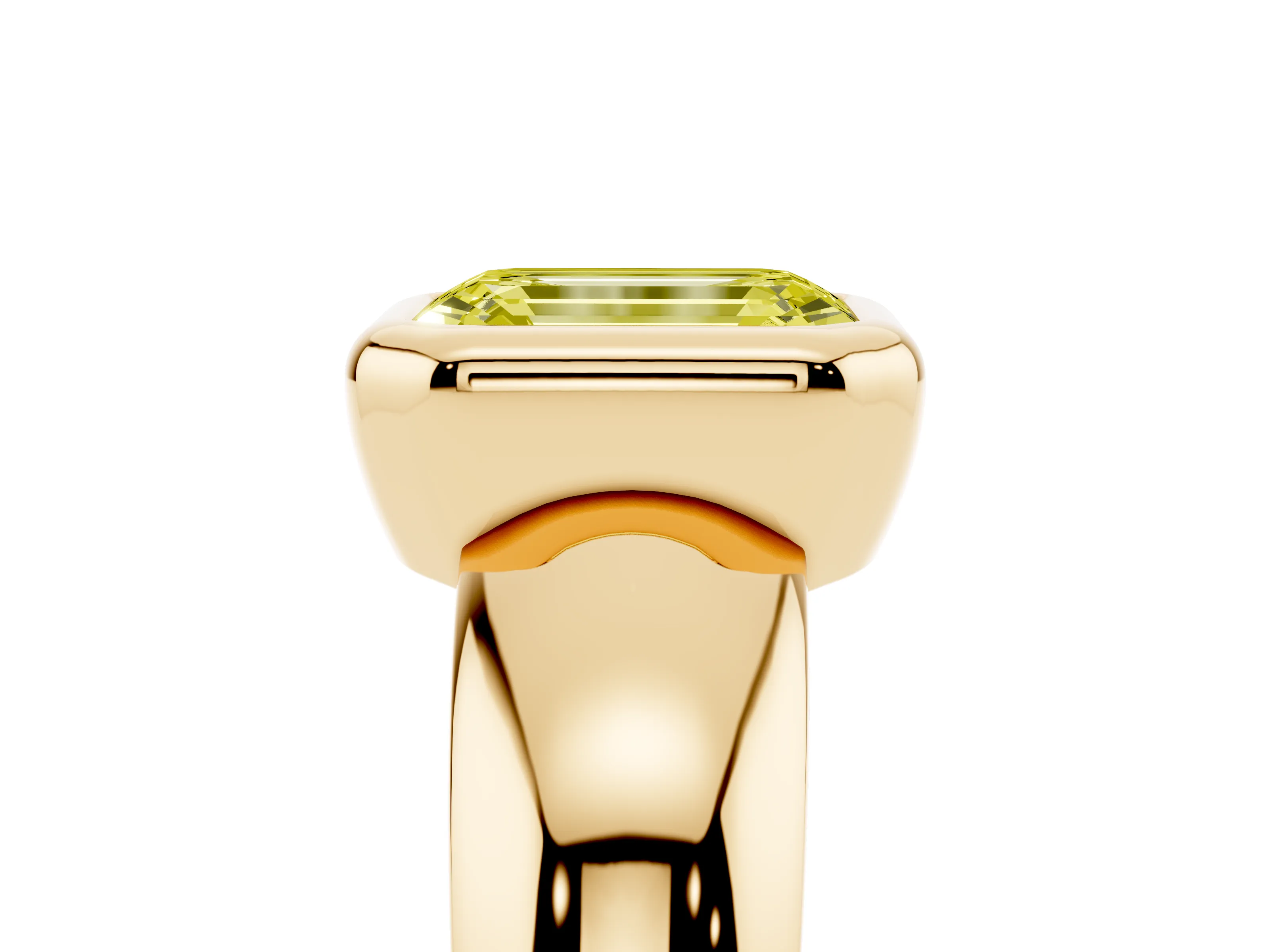 Fancy Yellow Bezel Set Emerald Cut Diamond Solitaire Ring Set in Yellow gold with Wide Band