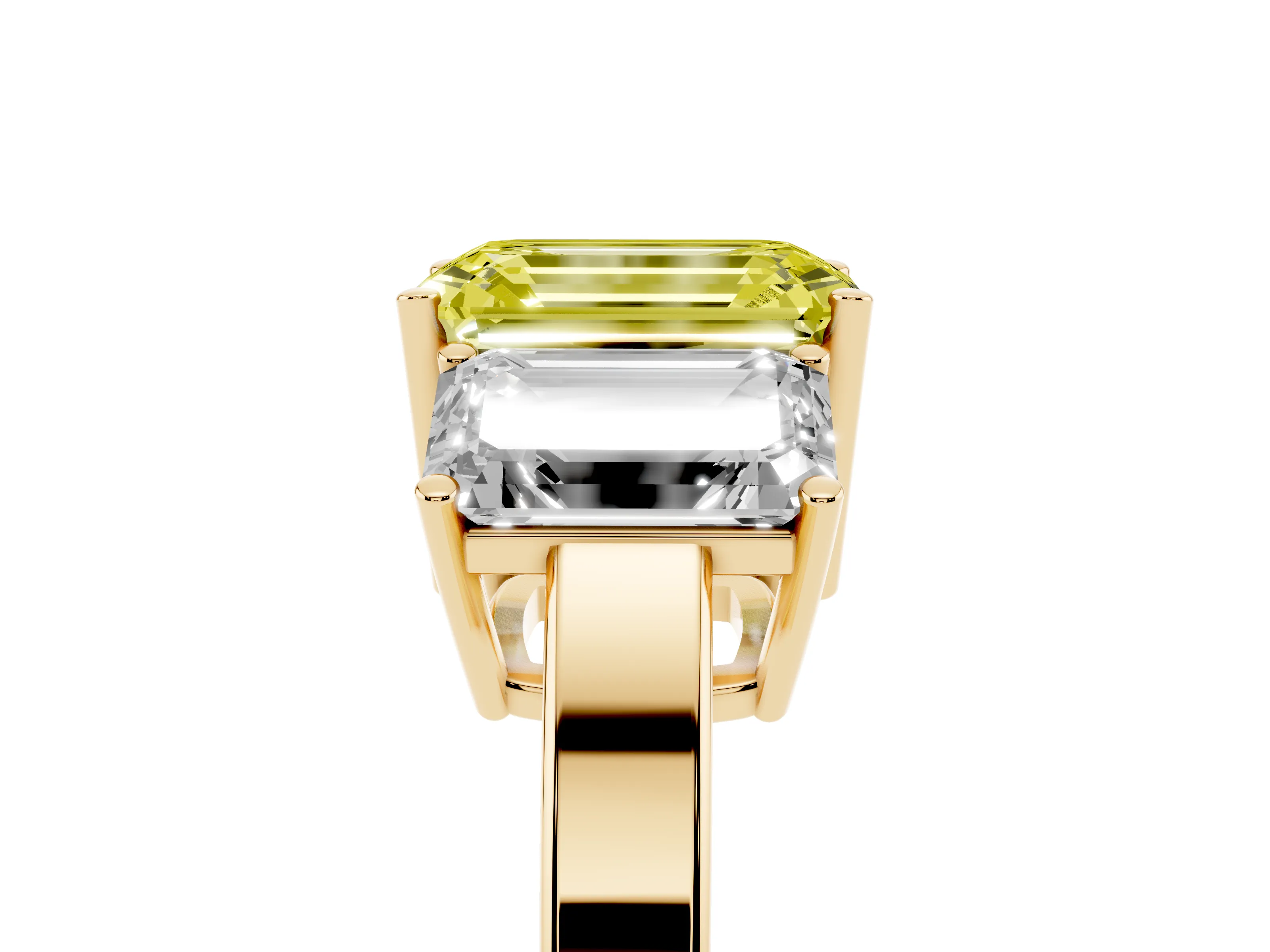 Fancy Yellow Emerald Cut Diamond Three-Stone Engagement Ring Set in Yellow gold with Flat Band