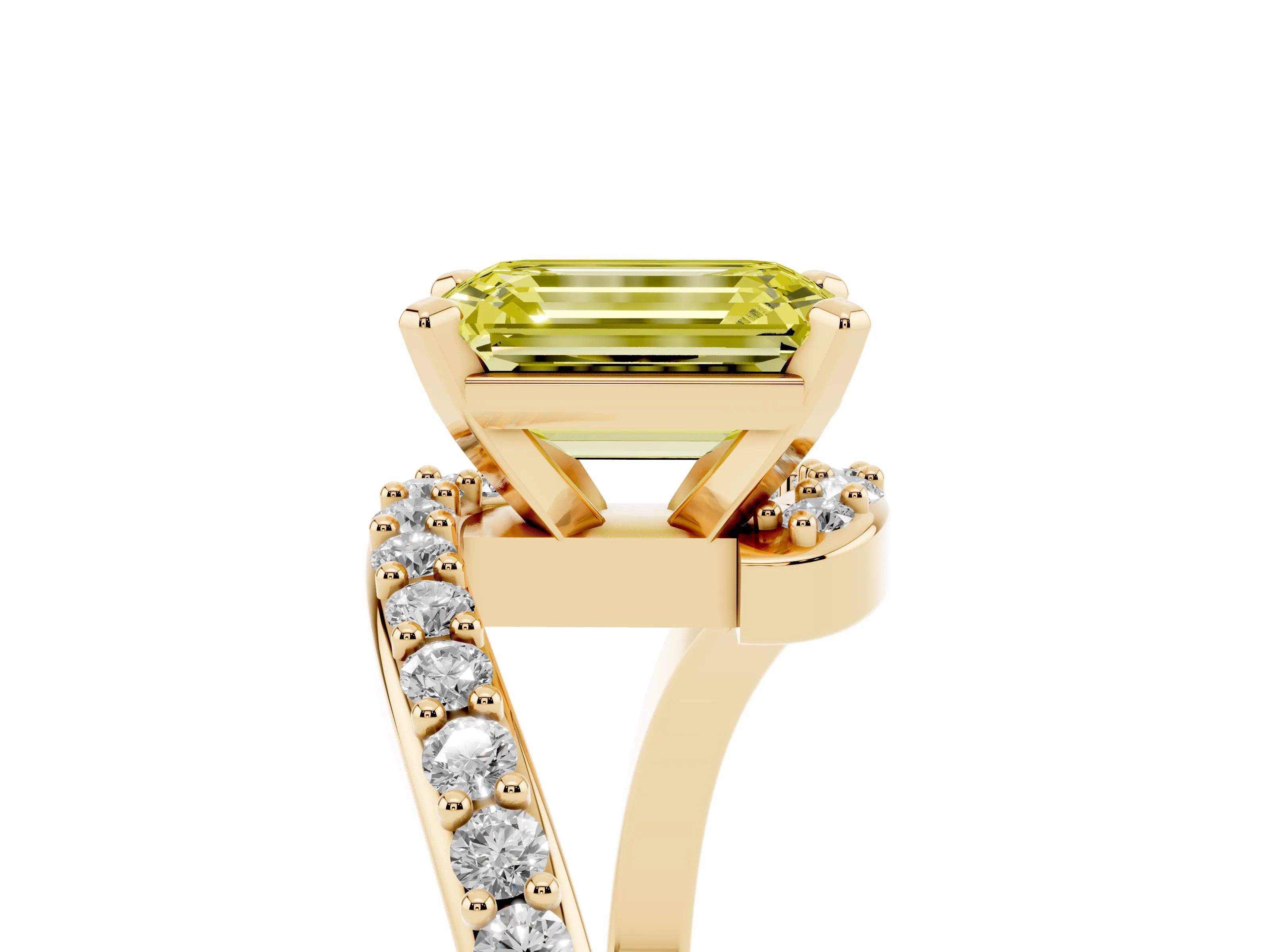 Fancy Yellow Emerald Cut Diamond Solitaire Ring Set in Yellow gold with Pavé Twist Band and Prong Setting