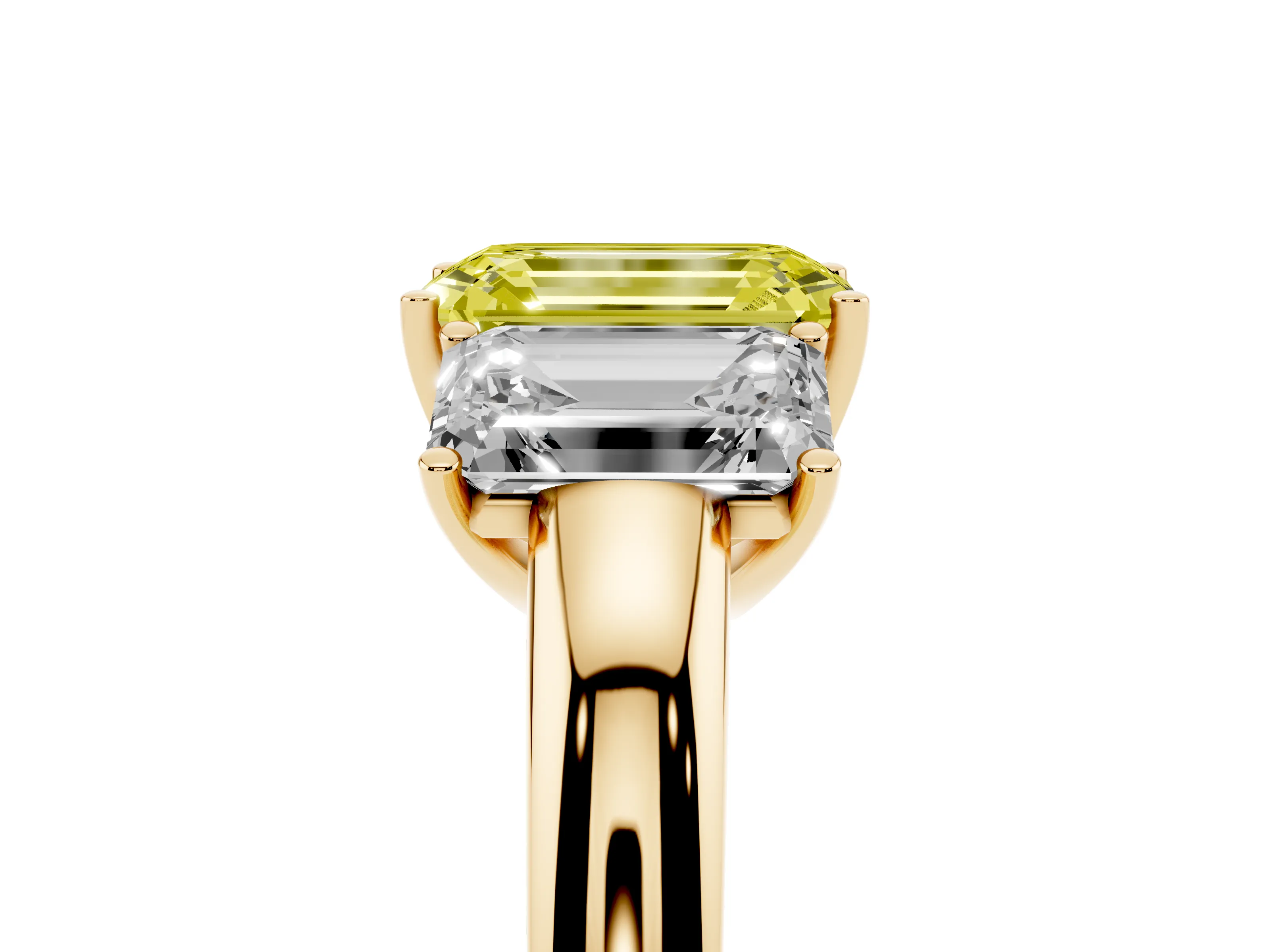 Fancy Yellow Emerald Cut Diamond Three-Stone Ring Set in Yellow gold with Bold Center and Classic Band
