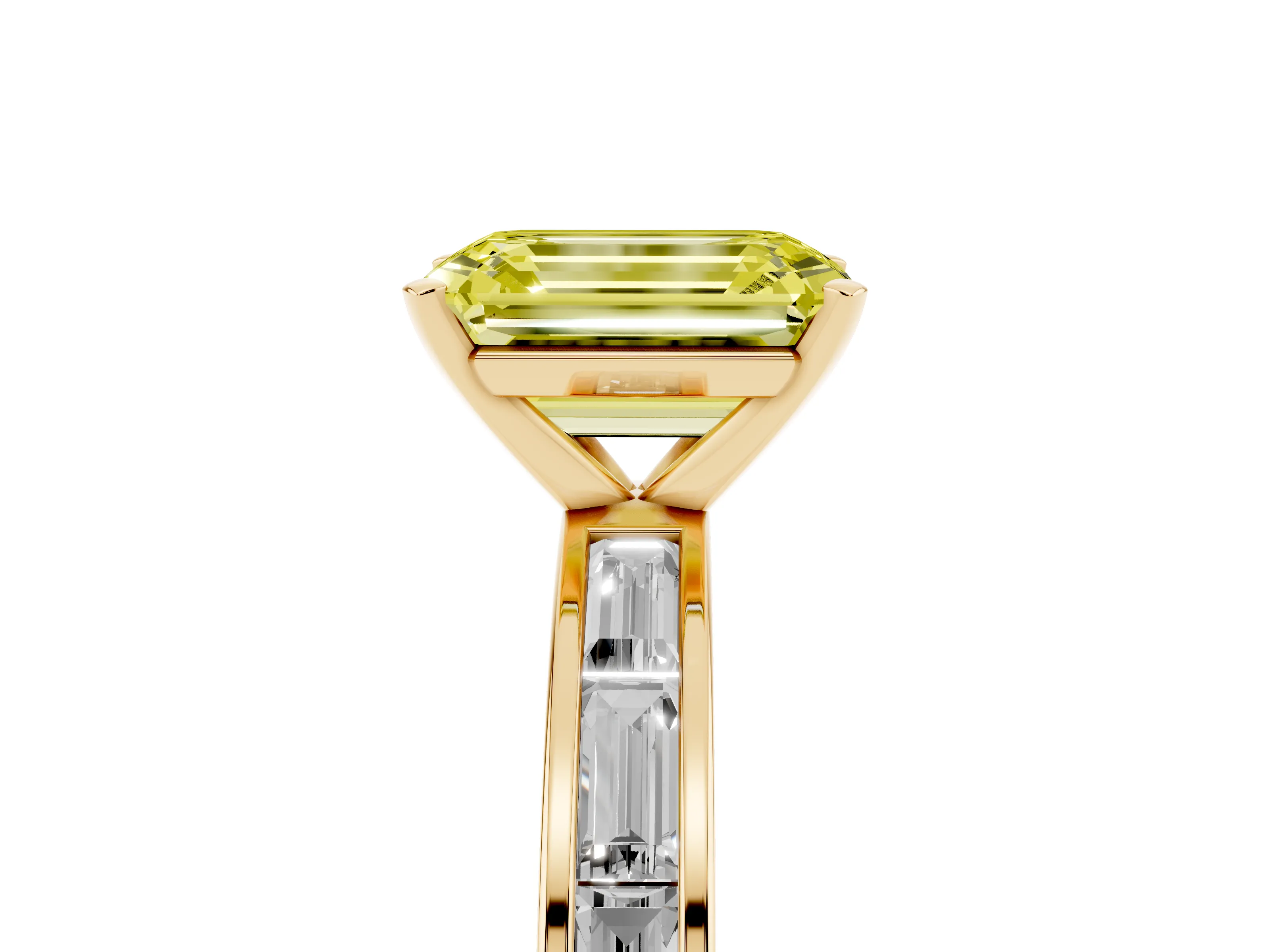 Fancy Yellow Emerald Cut Diamond Solitaire Ring Set in Yellow gold with Channel-Set Baguette Band and Prong Setting