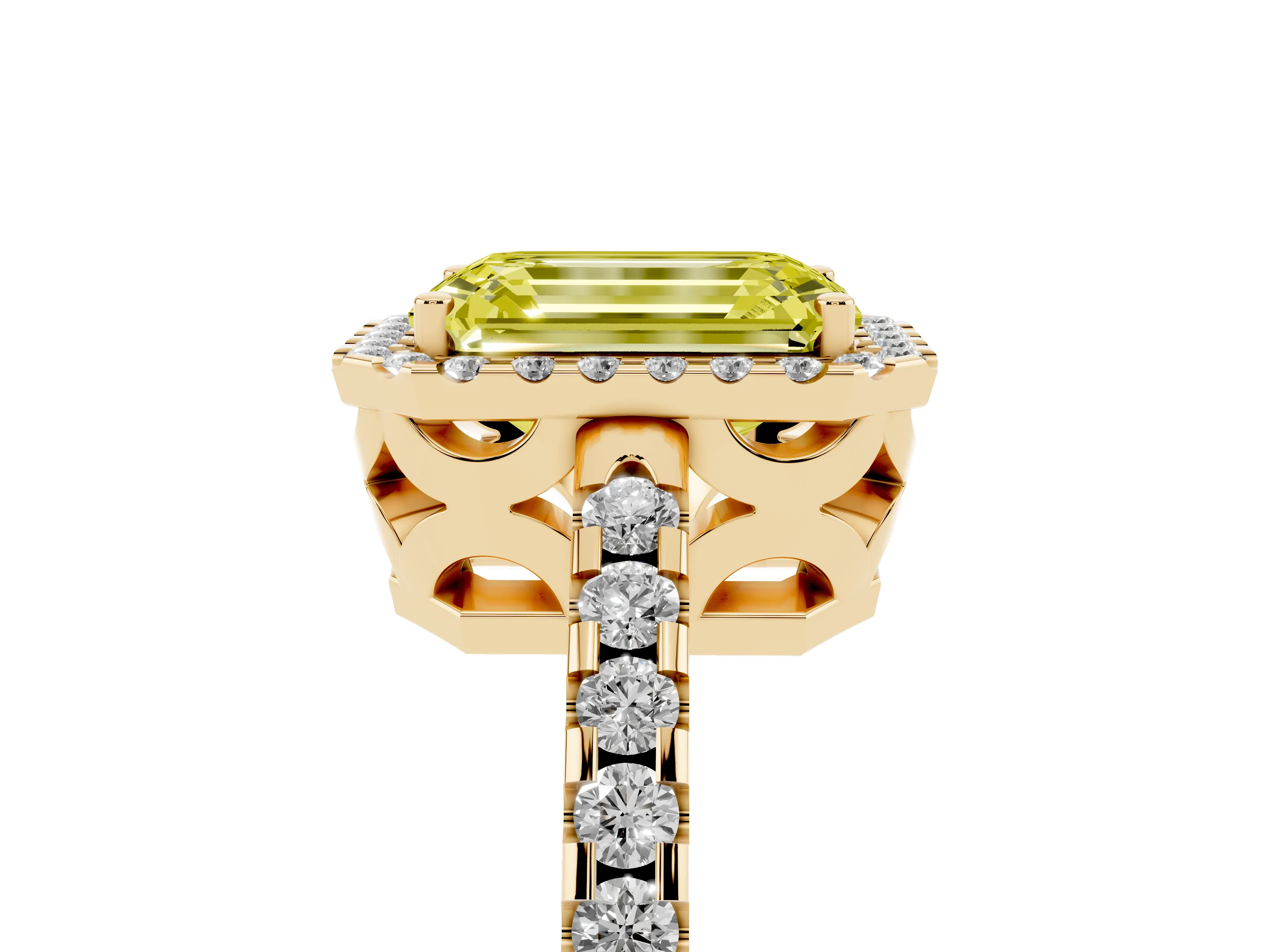 Fancy Yellow Emerald Cut Diamond Halo Ring Set in Yellow gold with Pavé Shoulders and Halo-Framed Center