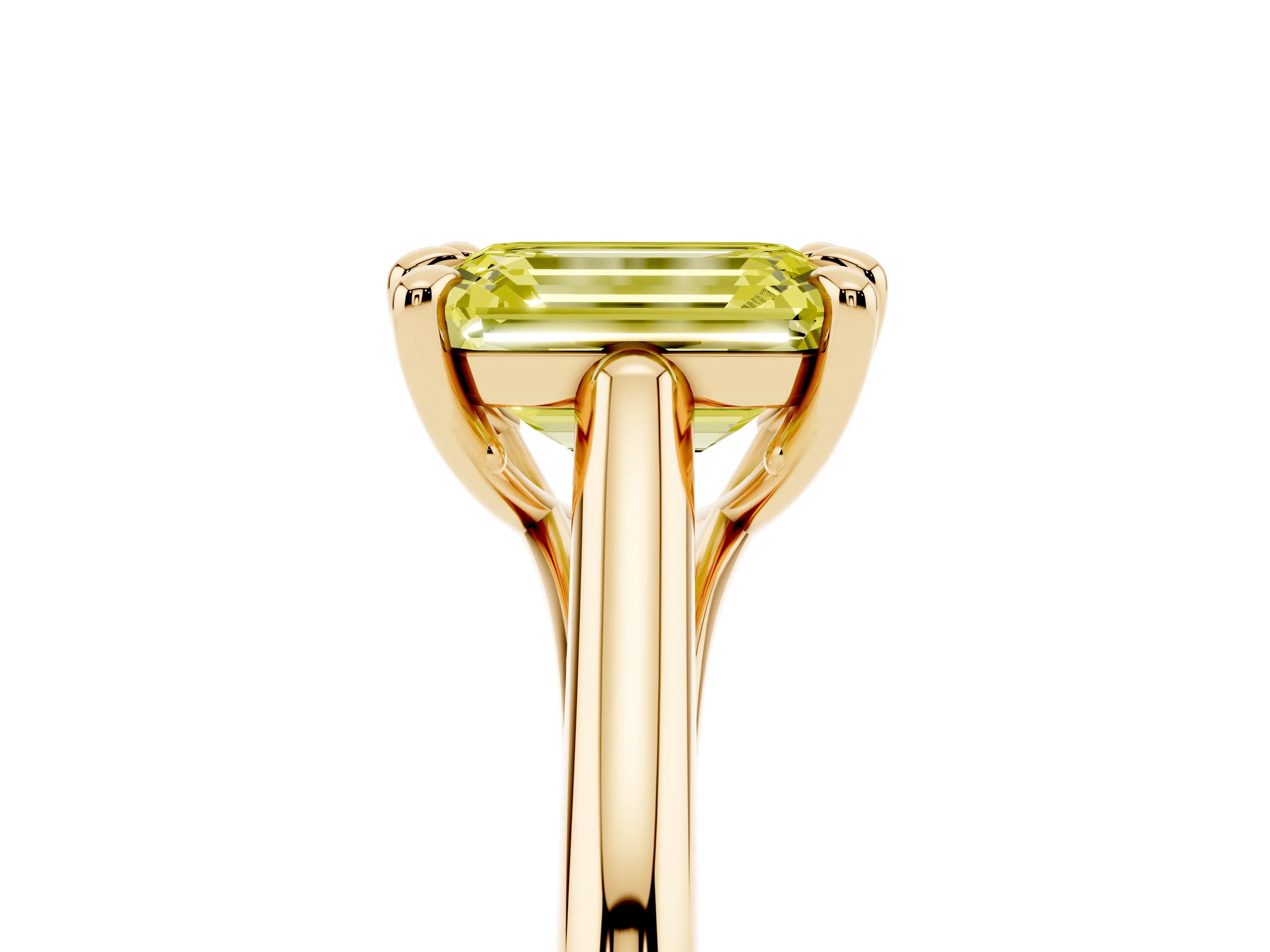 Fancy Yellow Emerald Cut Diamond Solitaire Engagement Ring Set in Yellow gold with Prong Setting and Plain Classic Band