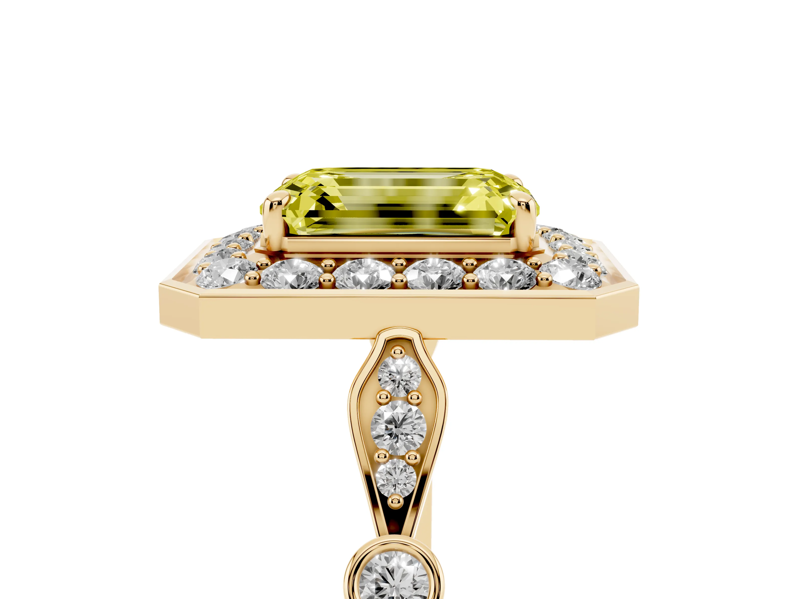 Fancy Yellow Emerald Cut Diamond Halo Engagement Ring Set in Yellow gold with Twisted Band and Prong Setting