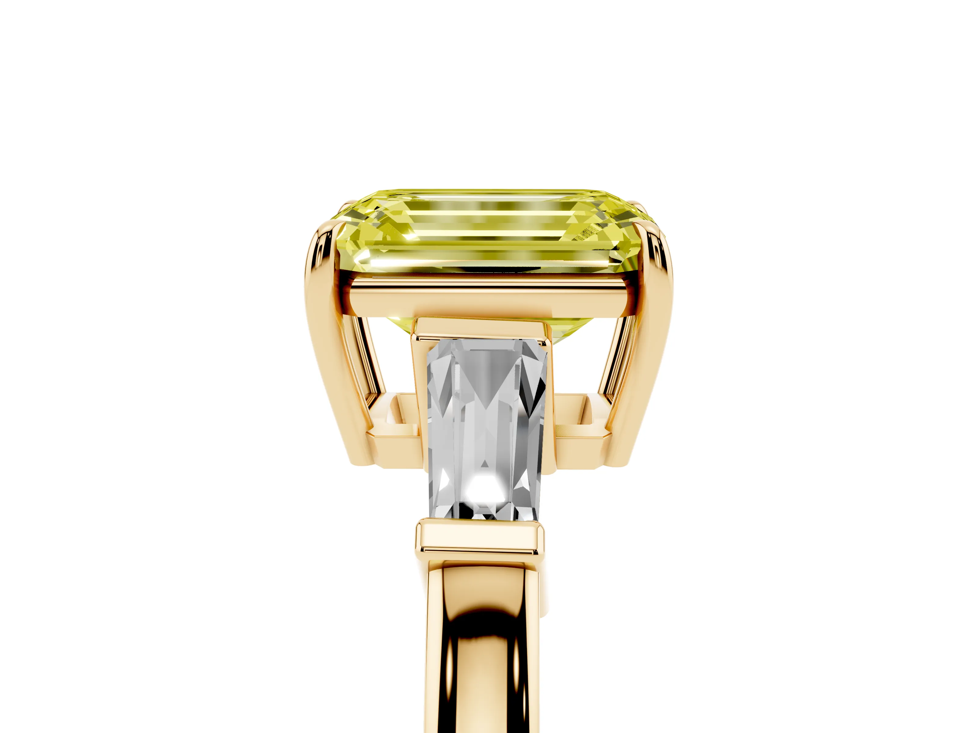 Fancy Yellow Emerald Cut Diamond Three-Stone Ring Set in Yellow gold with Tapered Baguette Side Stones and Prong Setting