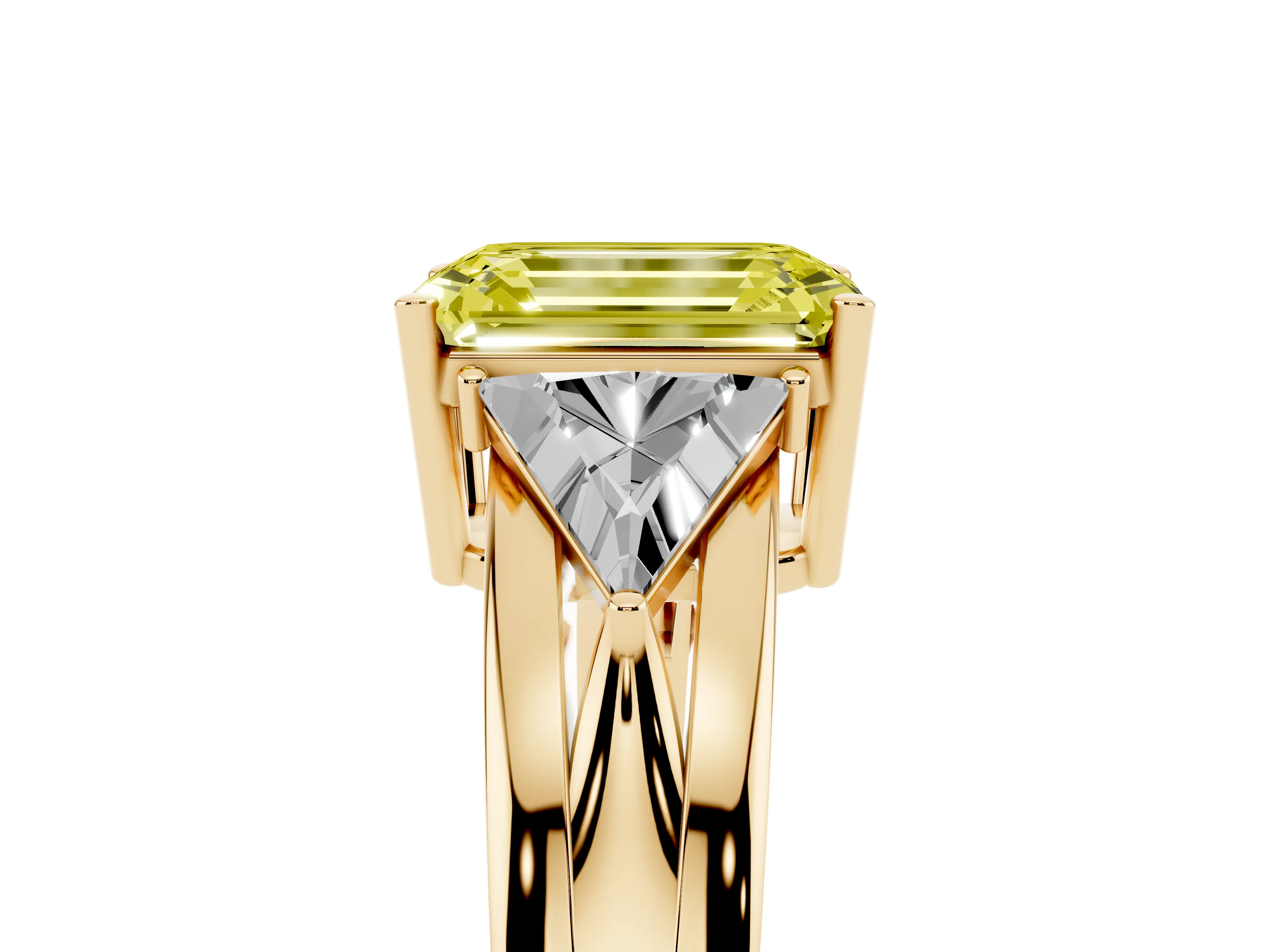 Fancy Yellow Emerald Cut Diamond Three-Stone Ring Set in Yellow gold with Trillion Side Stones and Split Shank