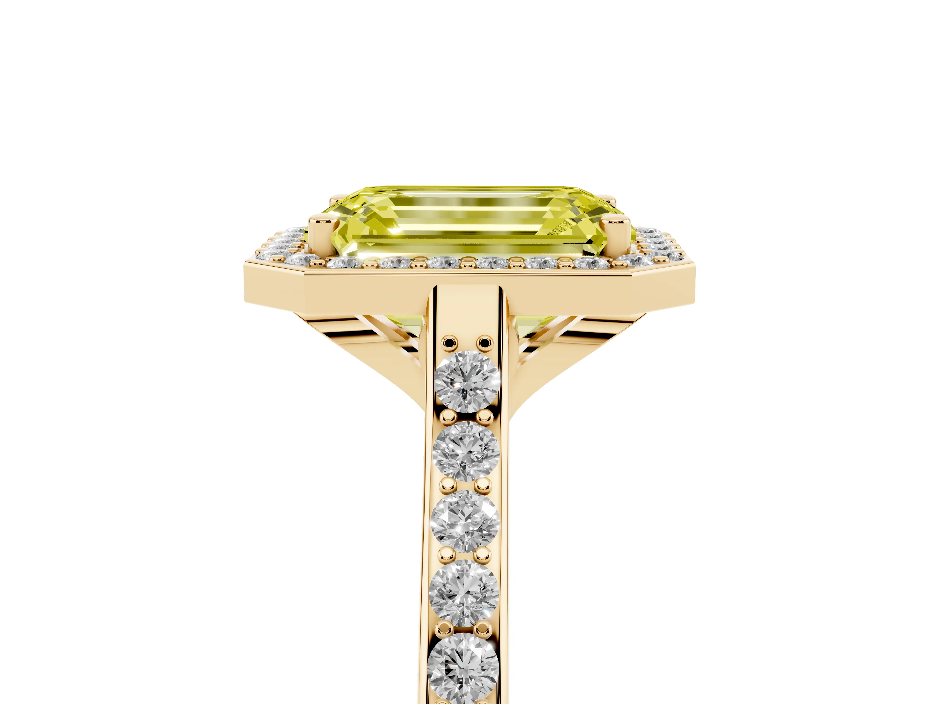 Fancy Yellow Emerald Cut Diamond Halo Engagement Ring Set in Yellow gold with Round Pavé Shoulders and Heart Gallery