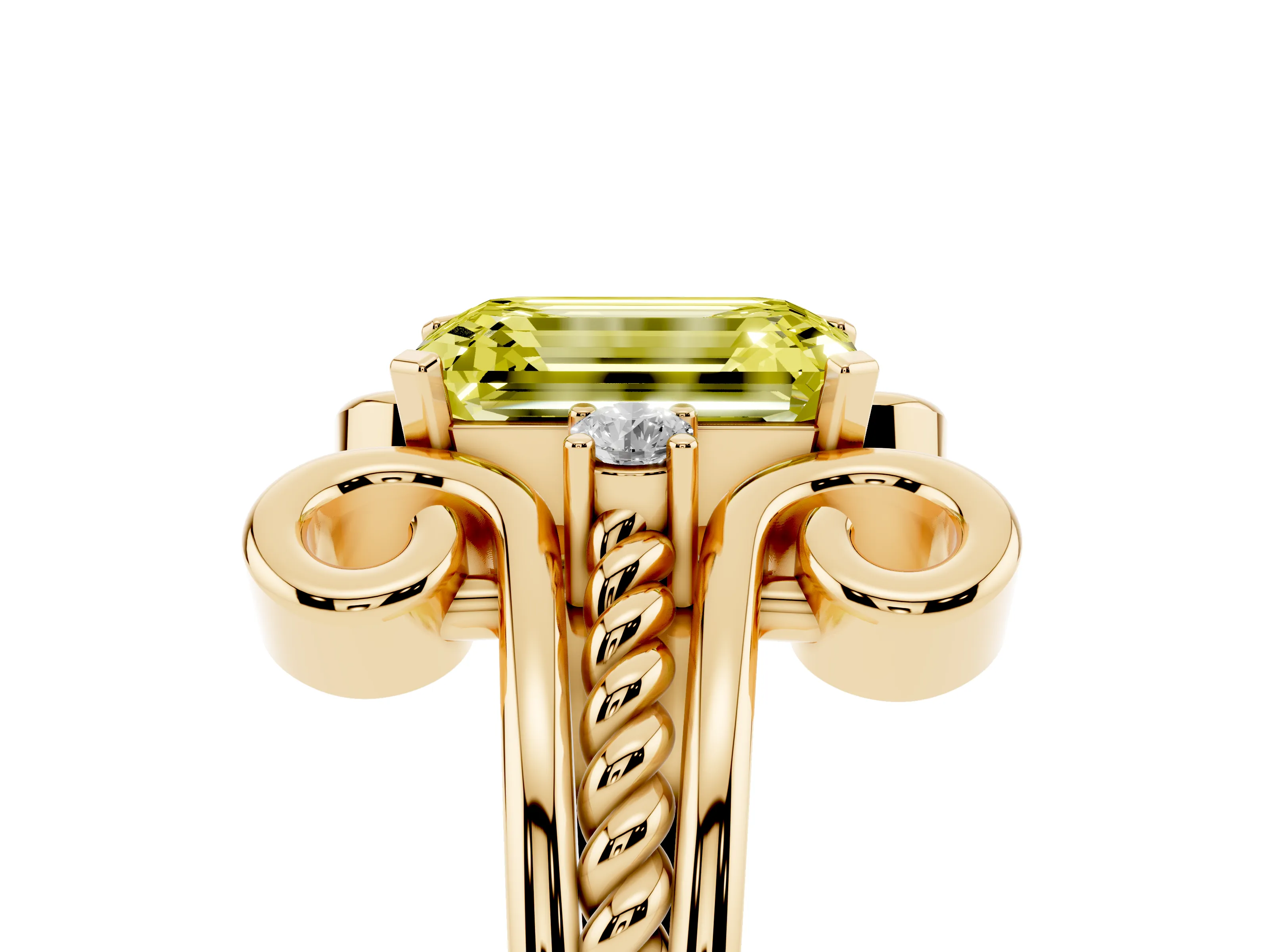 Fancy Yellow Emerald Cut Diamond Twisted Band Solitaire Ring Set in Yellow gold with Scroll Prongs