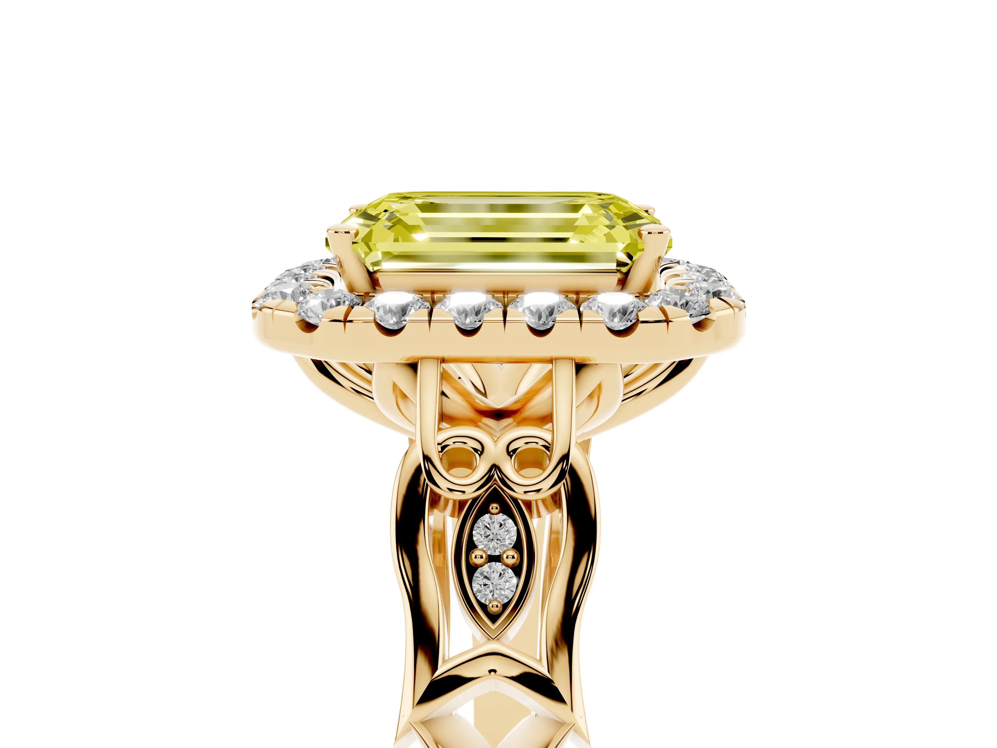 Fancy Yellow Emerald Cut Diamond Halo Engagement Ring Set in Yellow gold with Filigree Band and Prong-Set Center
