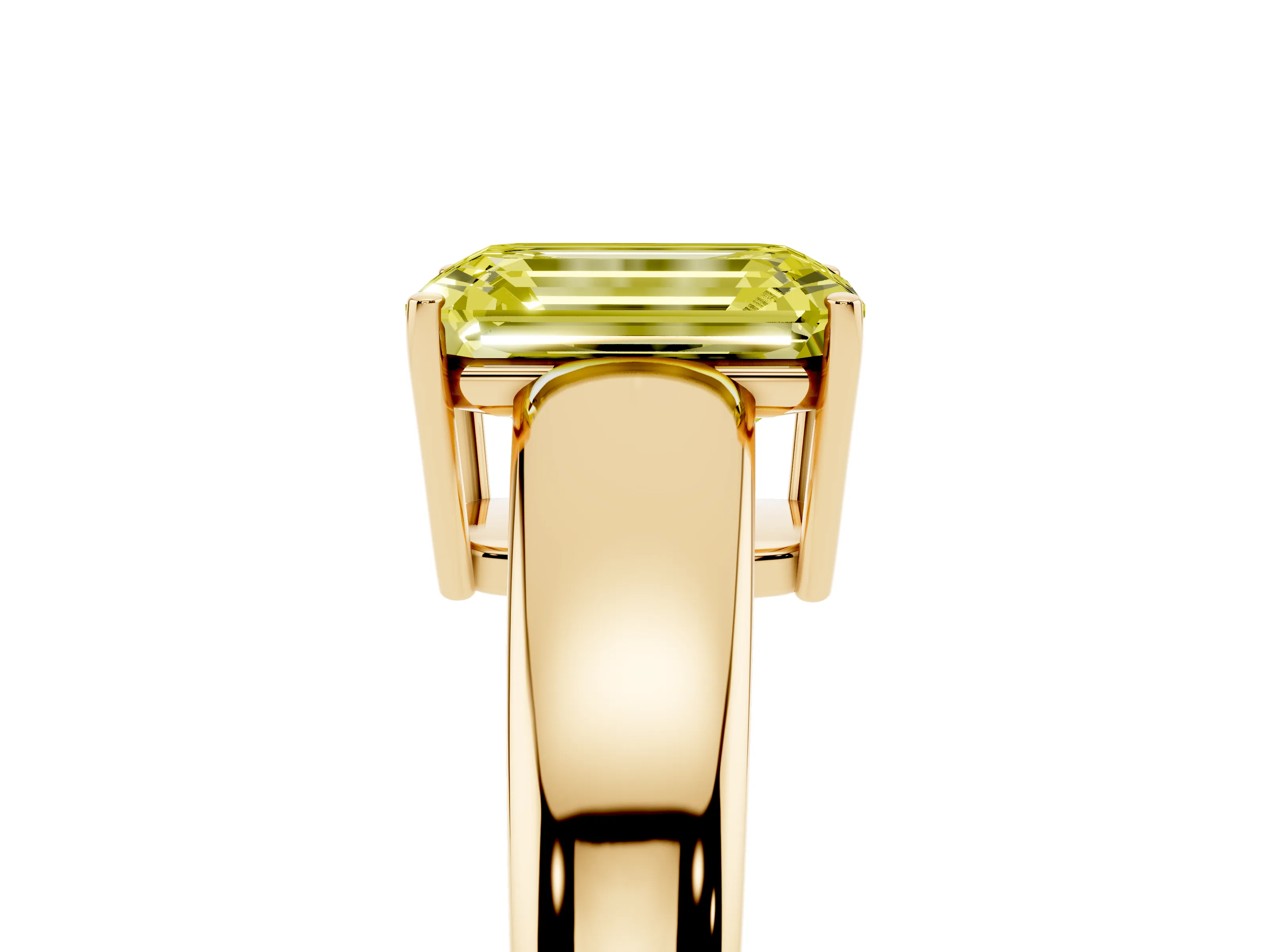 Fancy Yellow Emerald Cut Diamond Solitaire Ring Set in Yellow gold with Tapered Band and Prong Setting