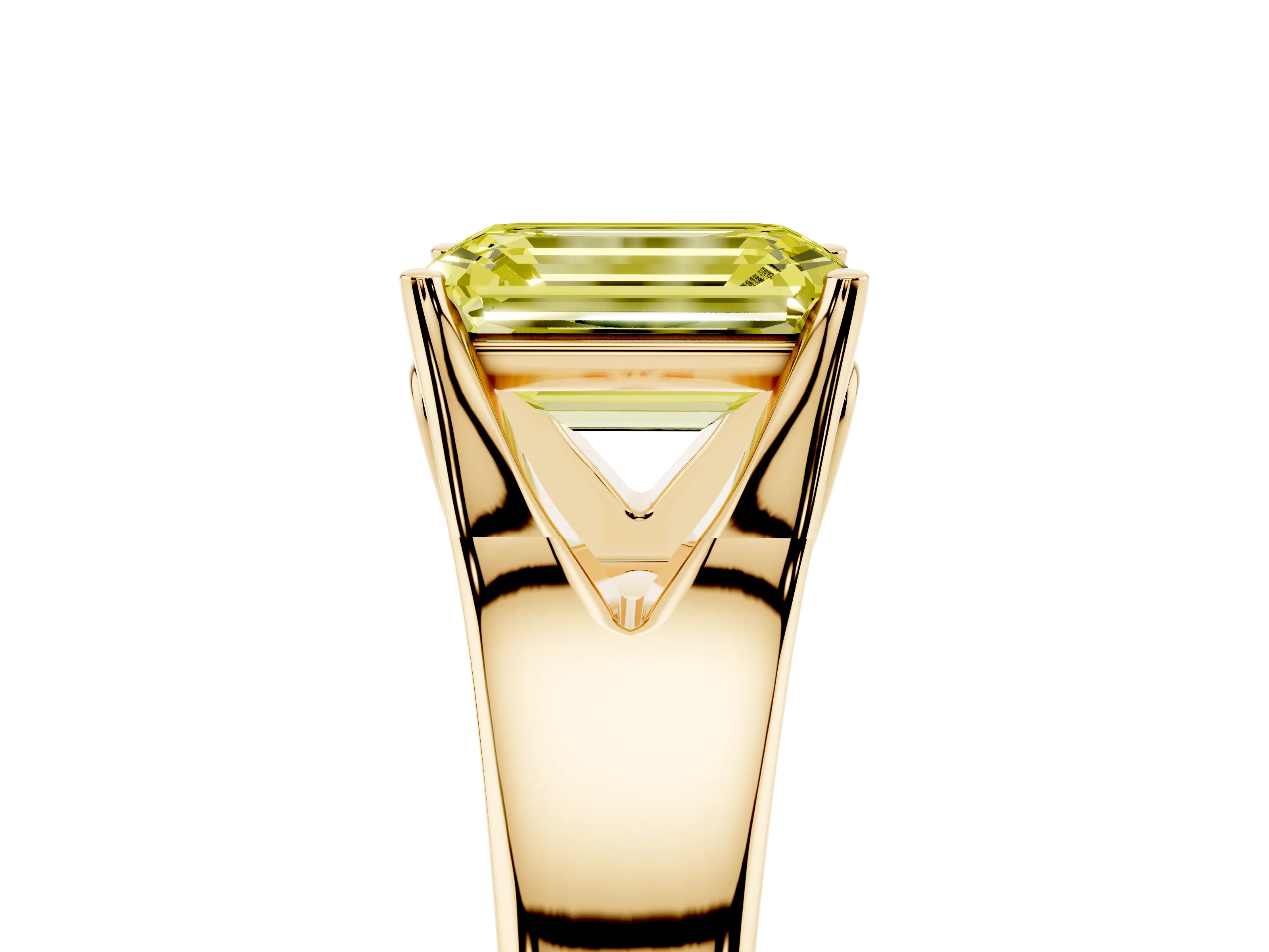 Fancy Yellow Emerald Cut Diamond Solitaire Ring Set in Yellow gold with Arched Cathedral Band and Prong Setting