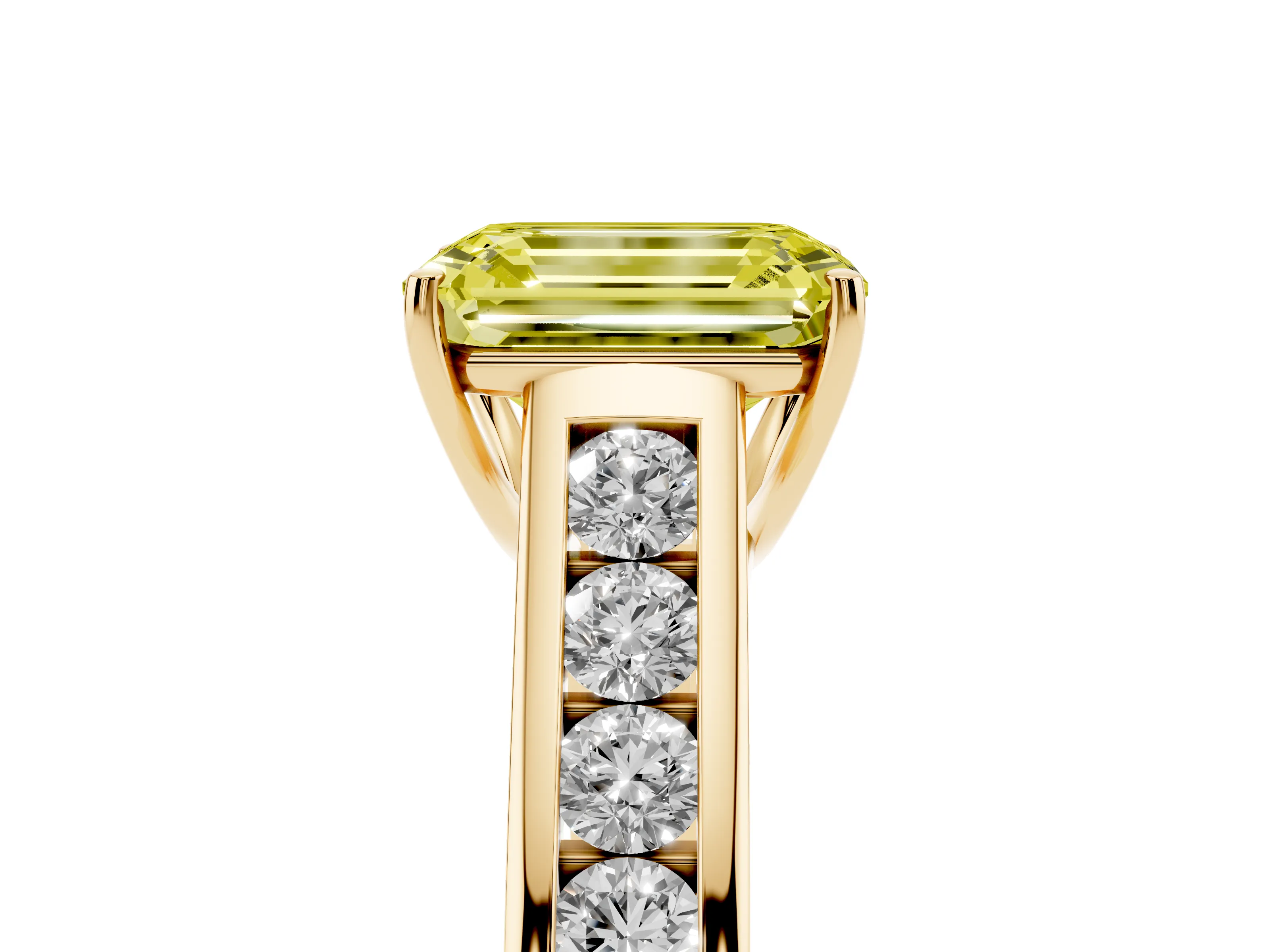 Fancy Yellow Emerald Cut Diamond Brilliant Channel-Set Solitaire Ring Set in Yellow gold with Prong Setting