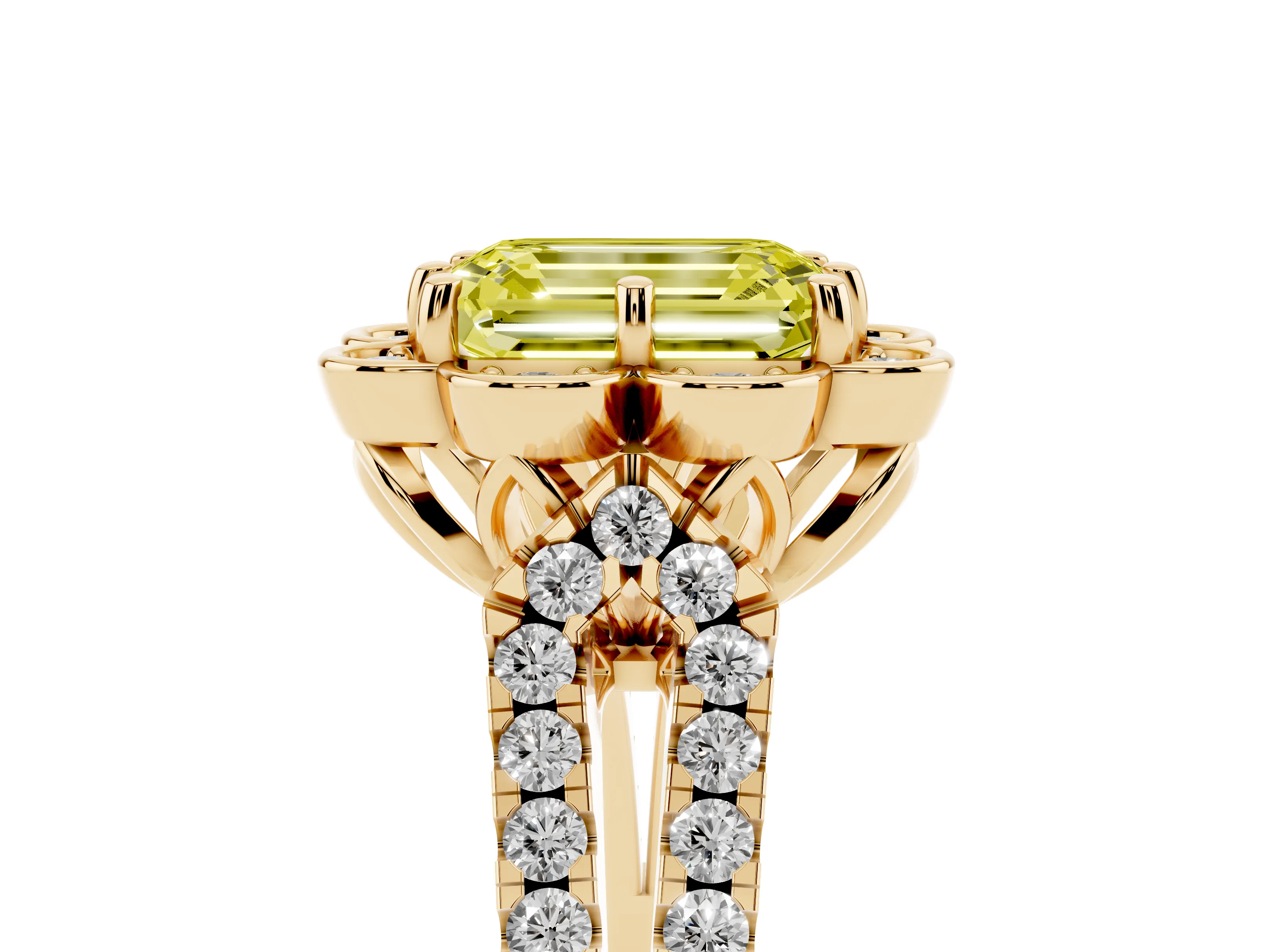 Fancy Yellow Emerald Cut Diamond Floral Halo Split Shank Engagement Ring Set in Yellow gold with Pavé Shank