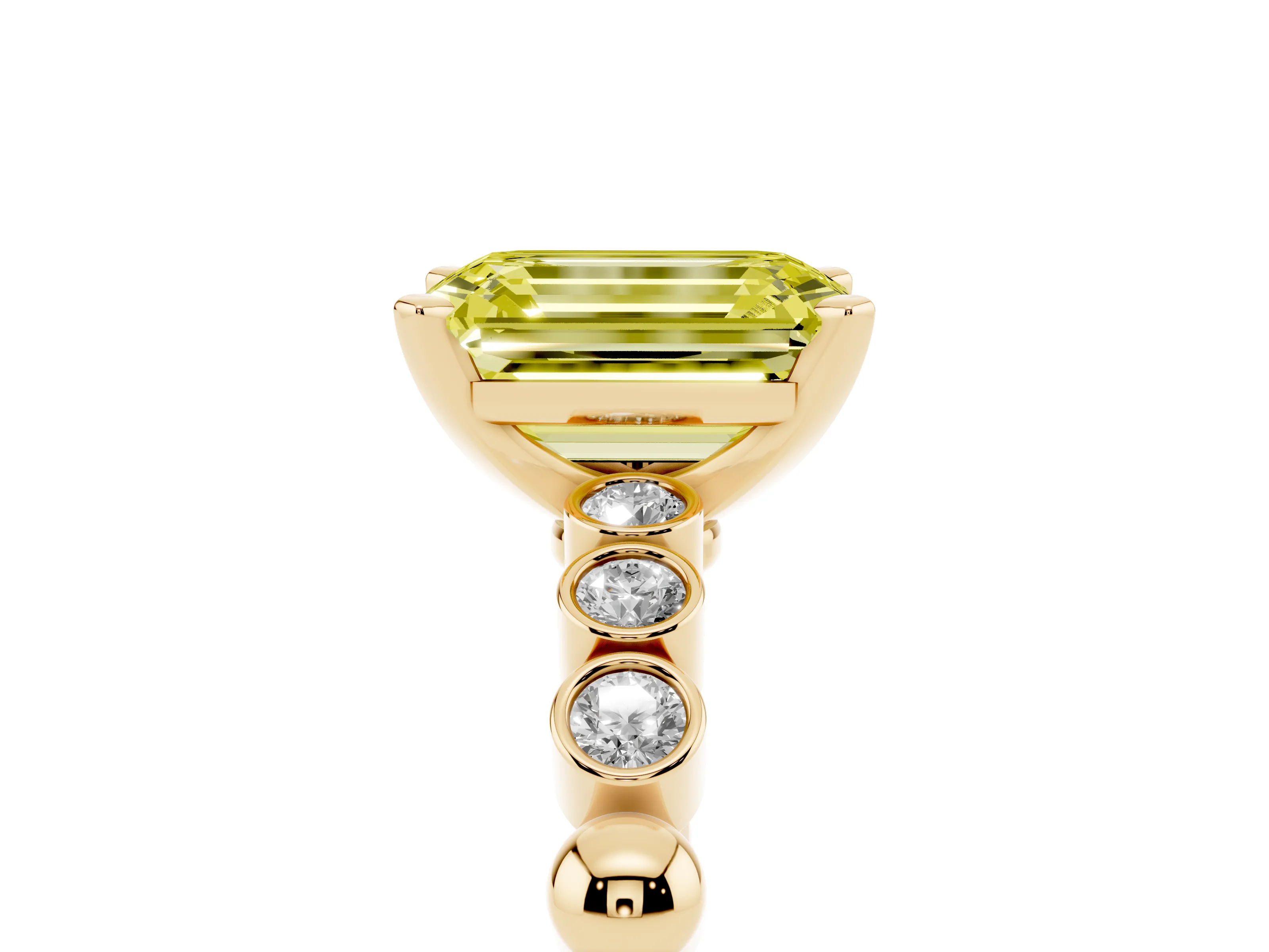Fancy Yellow Emerald Cut Diamond Solitaire Engagement Ring Set in Yellow gold with Bezel Accents on Beaded Band