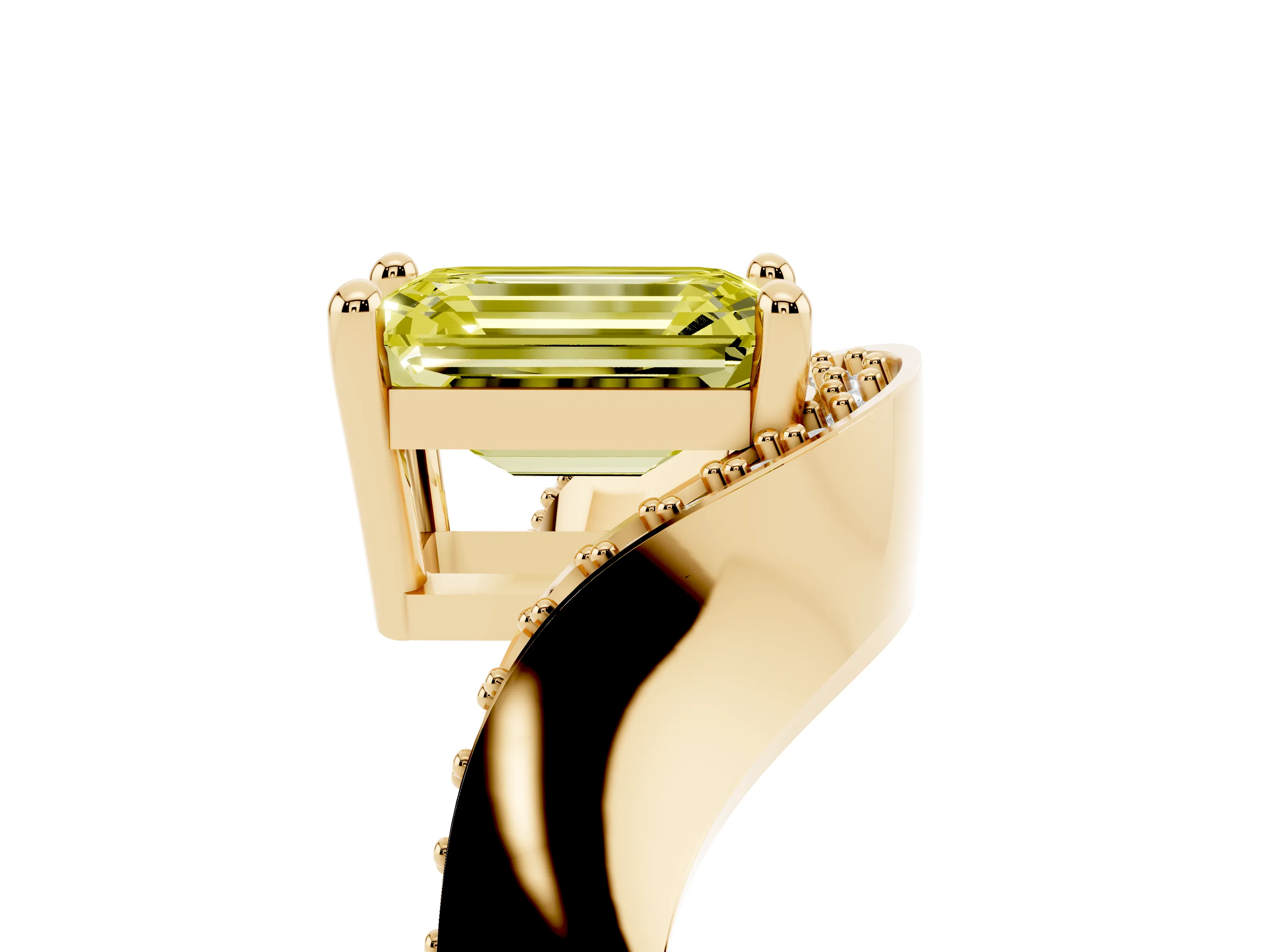 Fancy Yellow Emerald Cut Diamond Solitaire Engagement Ring Set in Yellow gold with Pavé Shoulders
