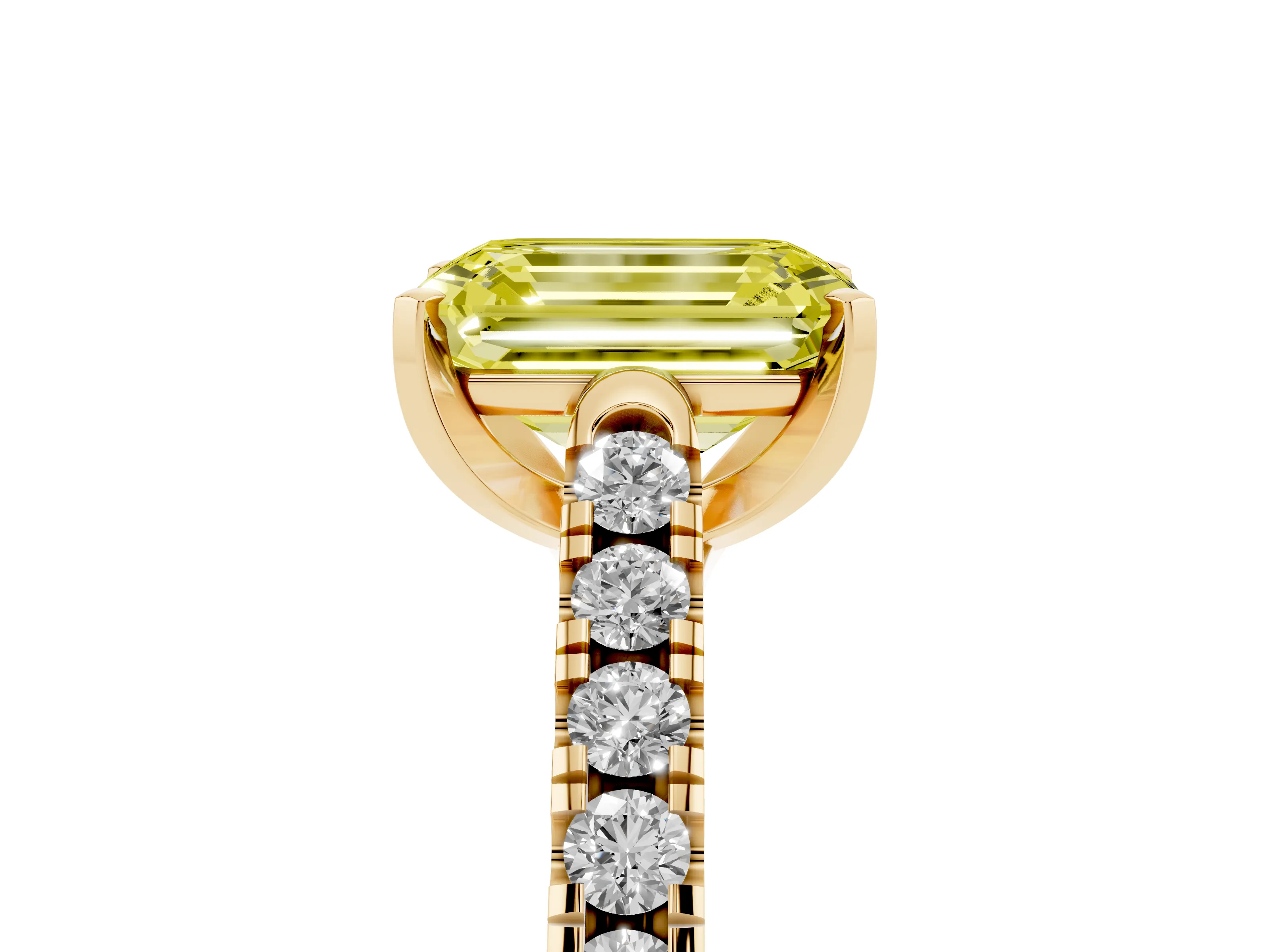 Fancy Yellow Emerald Cut Diamond Pavé Band Solitaire Ring Set in Yellow gold with Partway Accent Stones and Prong Setting