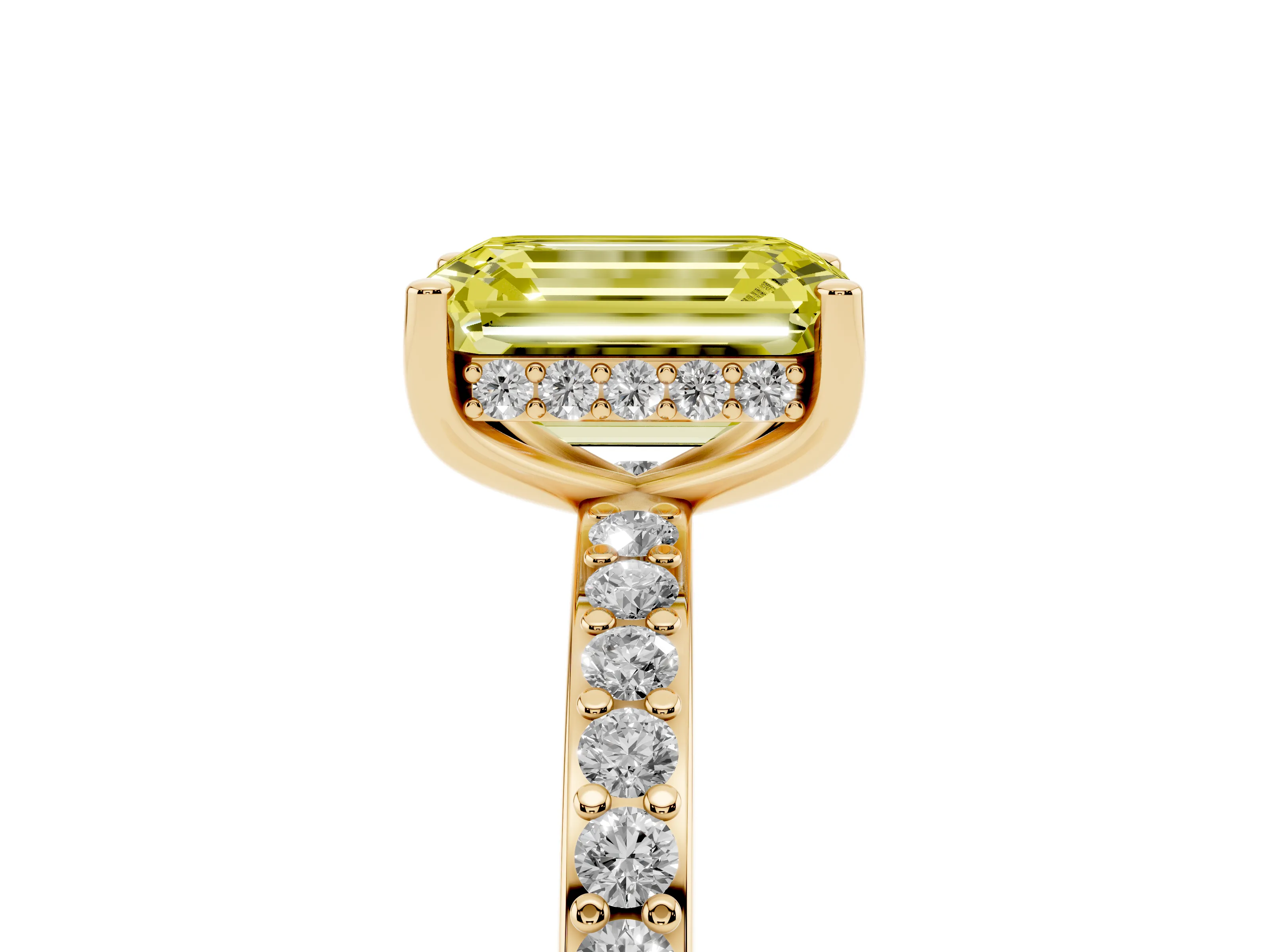 Fancy Yellow Emerald Cut Diamond Pavé Band Ring Set in Yellow gold with Prong-Set Center Stone