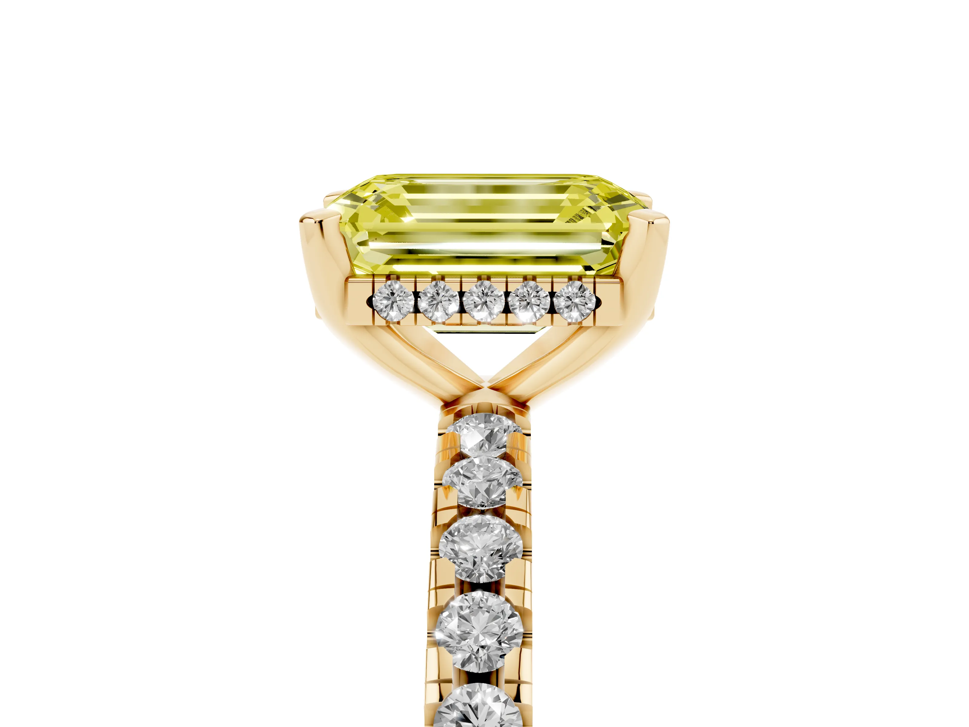 Fancy Yellow Emerald Cut Diamond Pavé Solitaire Ring Set in Yellow gold with Round Band Accents and Prong Setting