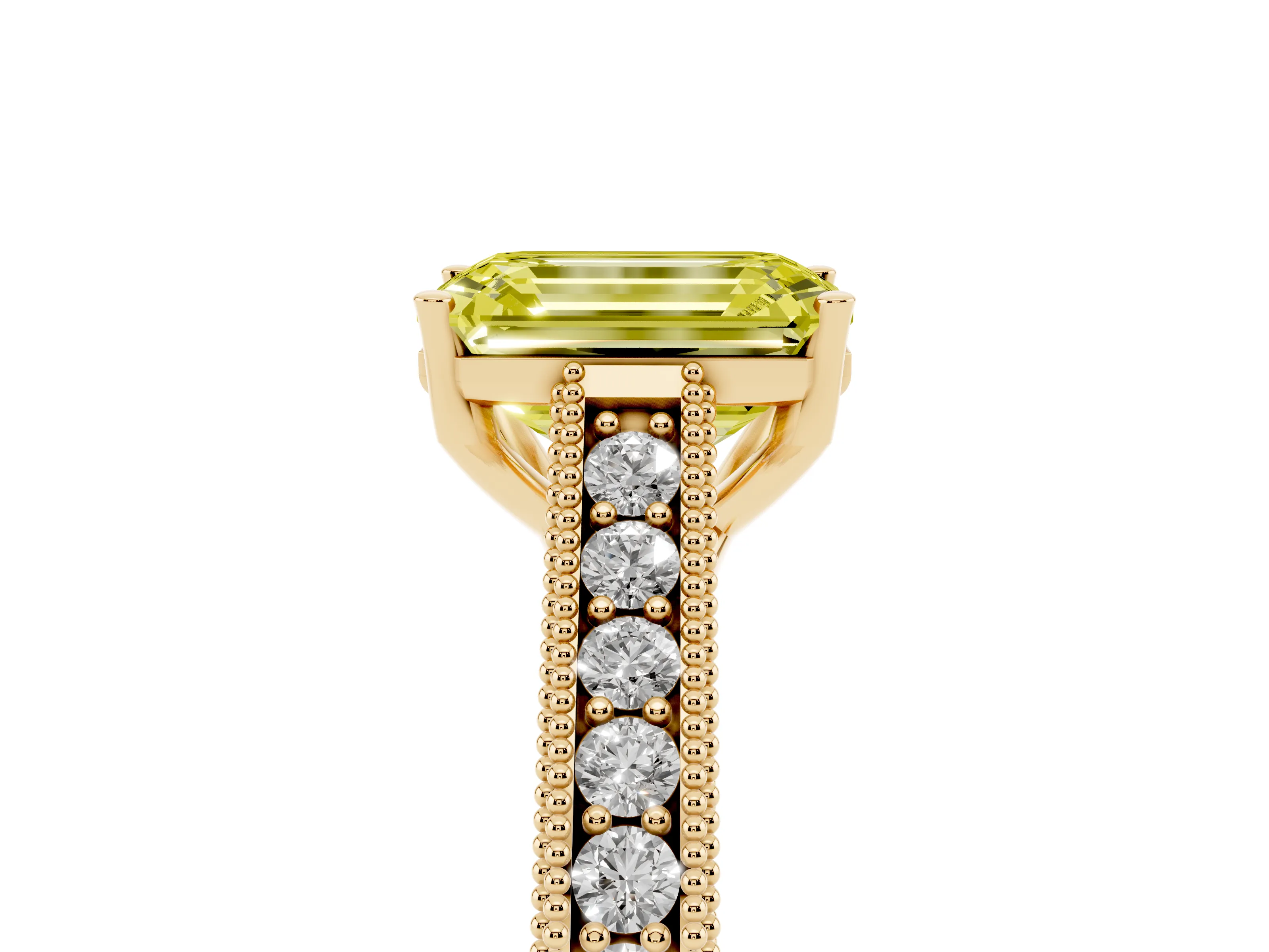 Fancy Yellow Emerald Cut Diamond Milgrain Pavé Band Solitaire Ring Set in Yellow gold with Prong Setting