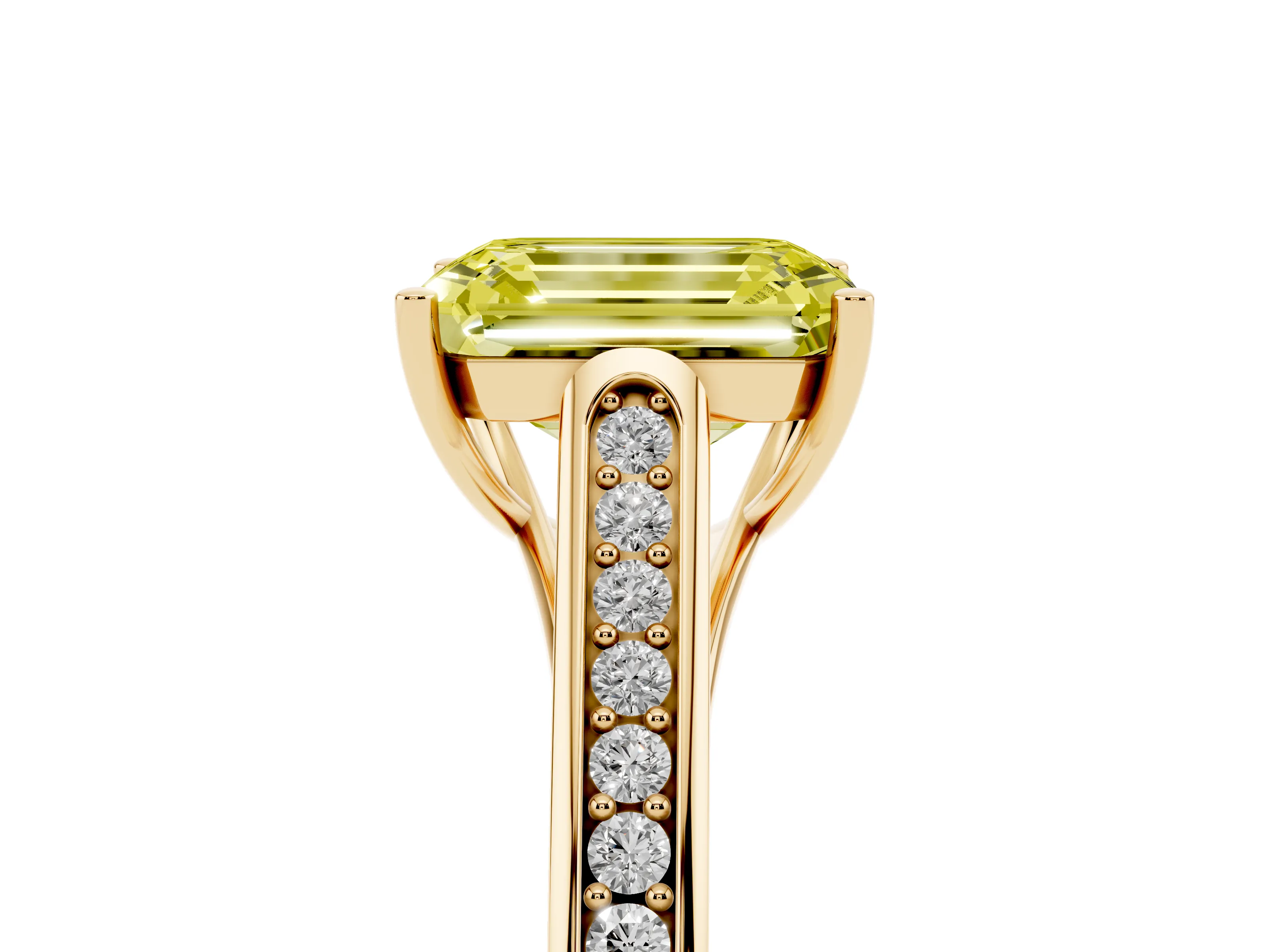 Fancy Yellow Emerald Cut Diamond Solitaire Cathedral Engagement Ring Set in Yellow gold with Channel-Set Band and Prong Setting