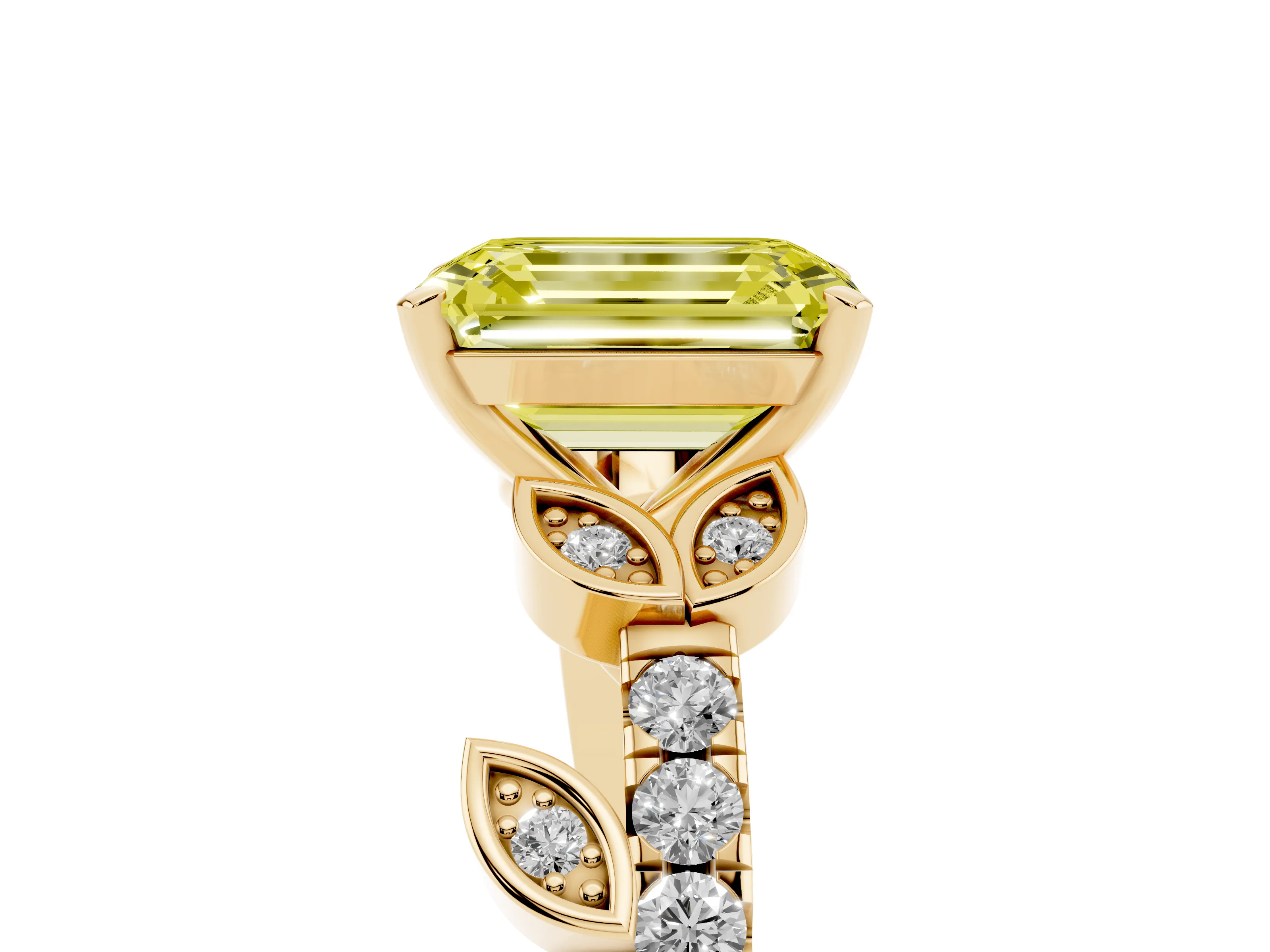 Fancy Yellow Emerald Cut Diamond Solitaire Leaf-Inspired Ring Set in Yellow gold with Pavé Band and Prong Setting